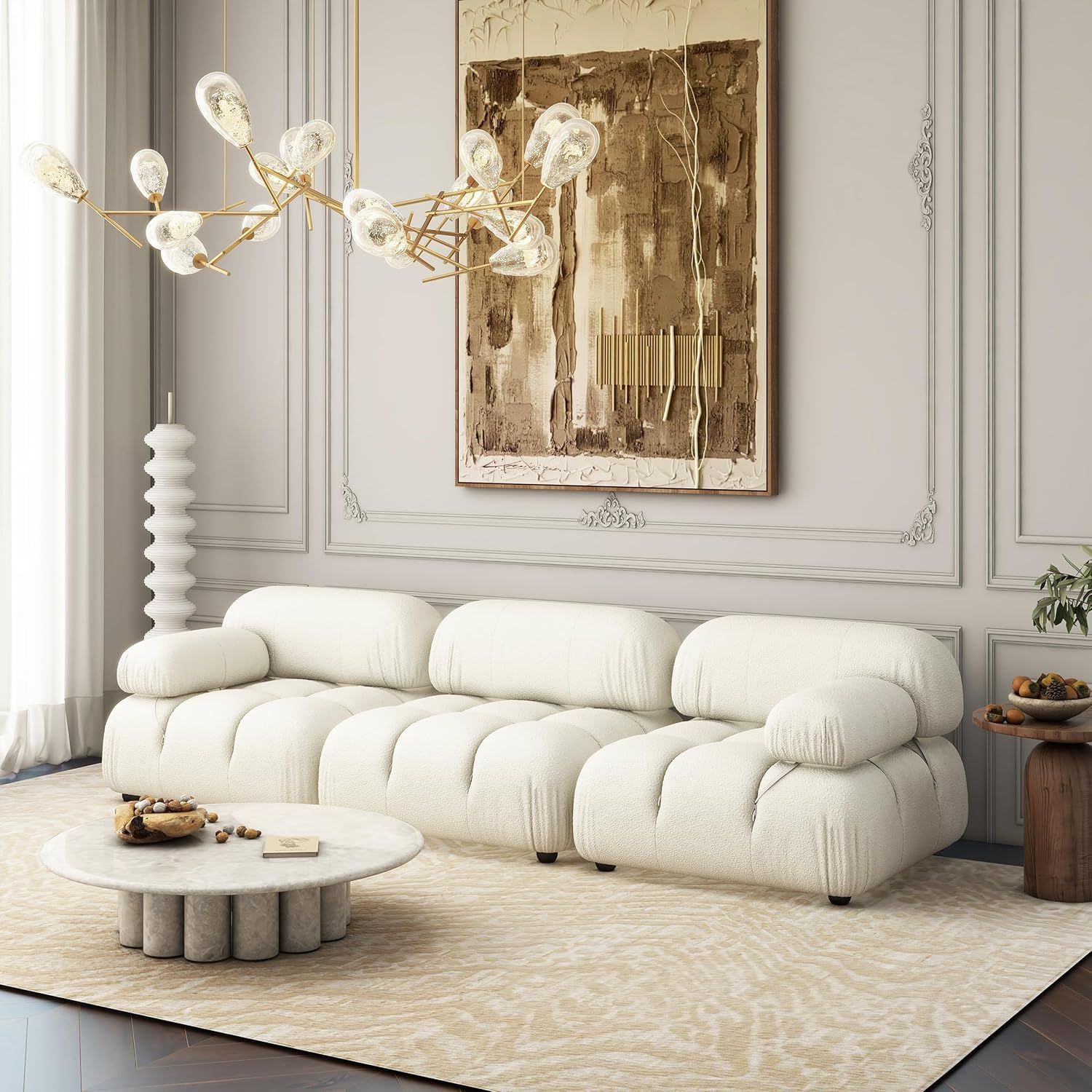 Marcel 109.5" Bubble Modular Modern 3-Piece Sofa, Ivory White Boucle