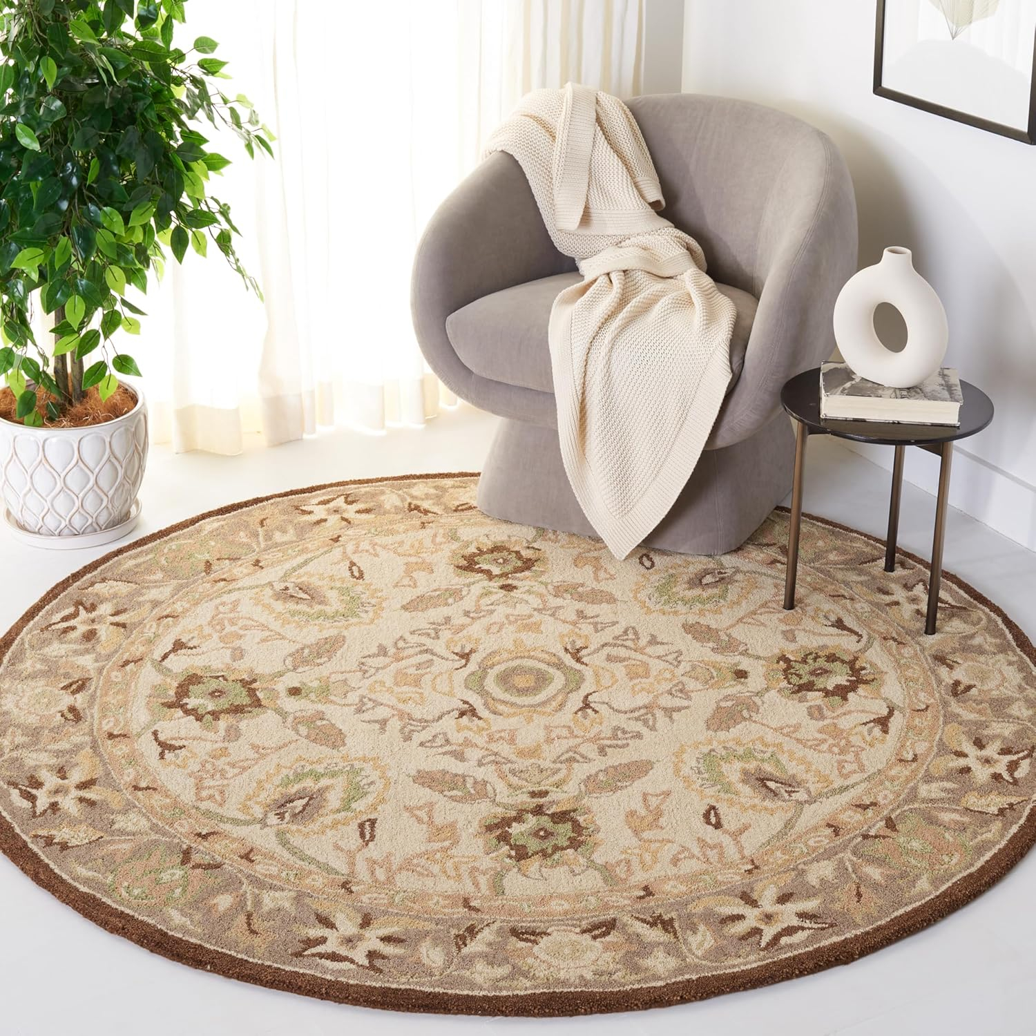 SAFAVIEH Anatolia Venice Traditional Wool Area Rug, Ivory/Brown, 8' x 8' Round