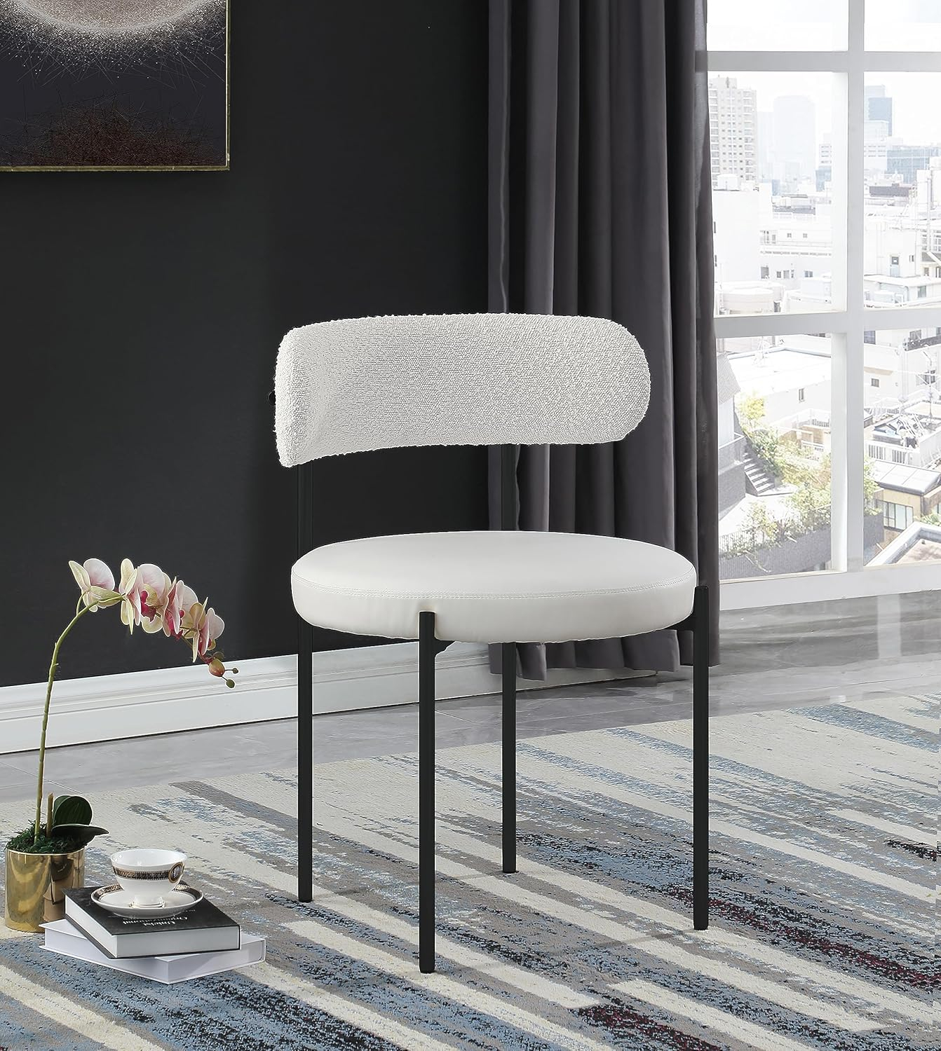 Beacon Cream Boucle Fabric Dining Chair with Black Metal Frame, Set of 2