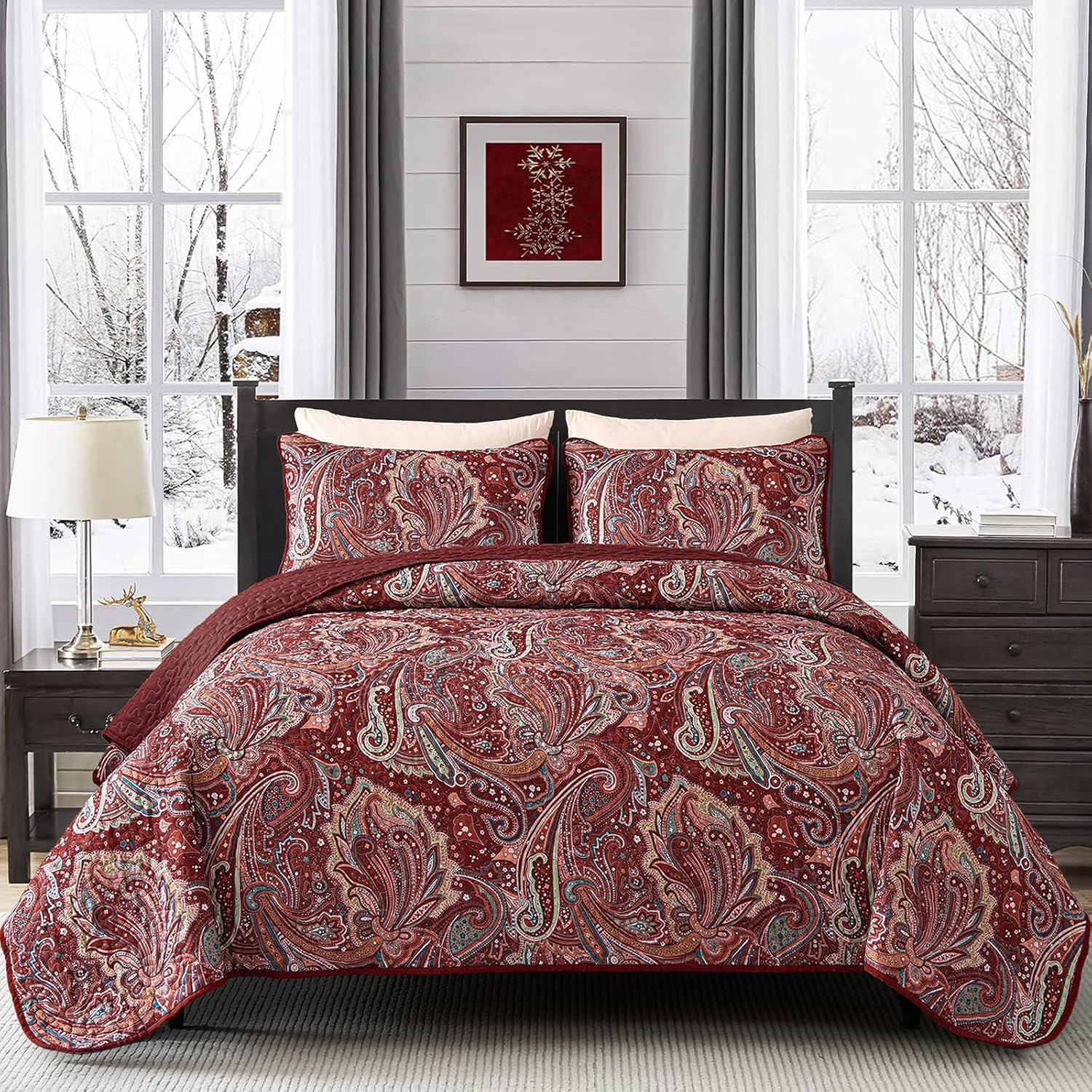 DJY Red Paisley Quilt Set Queen Size Boho Quilt Bedspread Set 3 Pieces, Soft Lightweight Microfiber Coverlet Set Burgundy Paisley Floral Pattern Bedding for All Season, 96''x90''