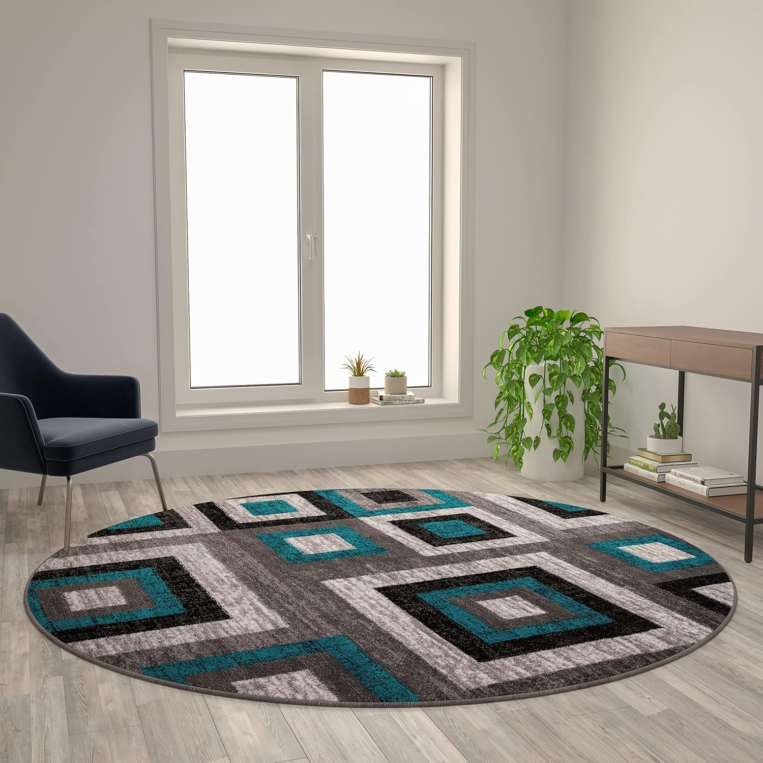 Gideon Collection Geometric 8' x 8' Turquoise, Grey, and White Round Olefin Area Rug with Cotton Backing, Living Room, Bedroom