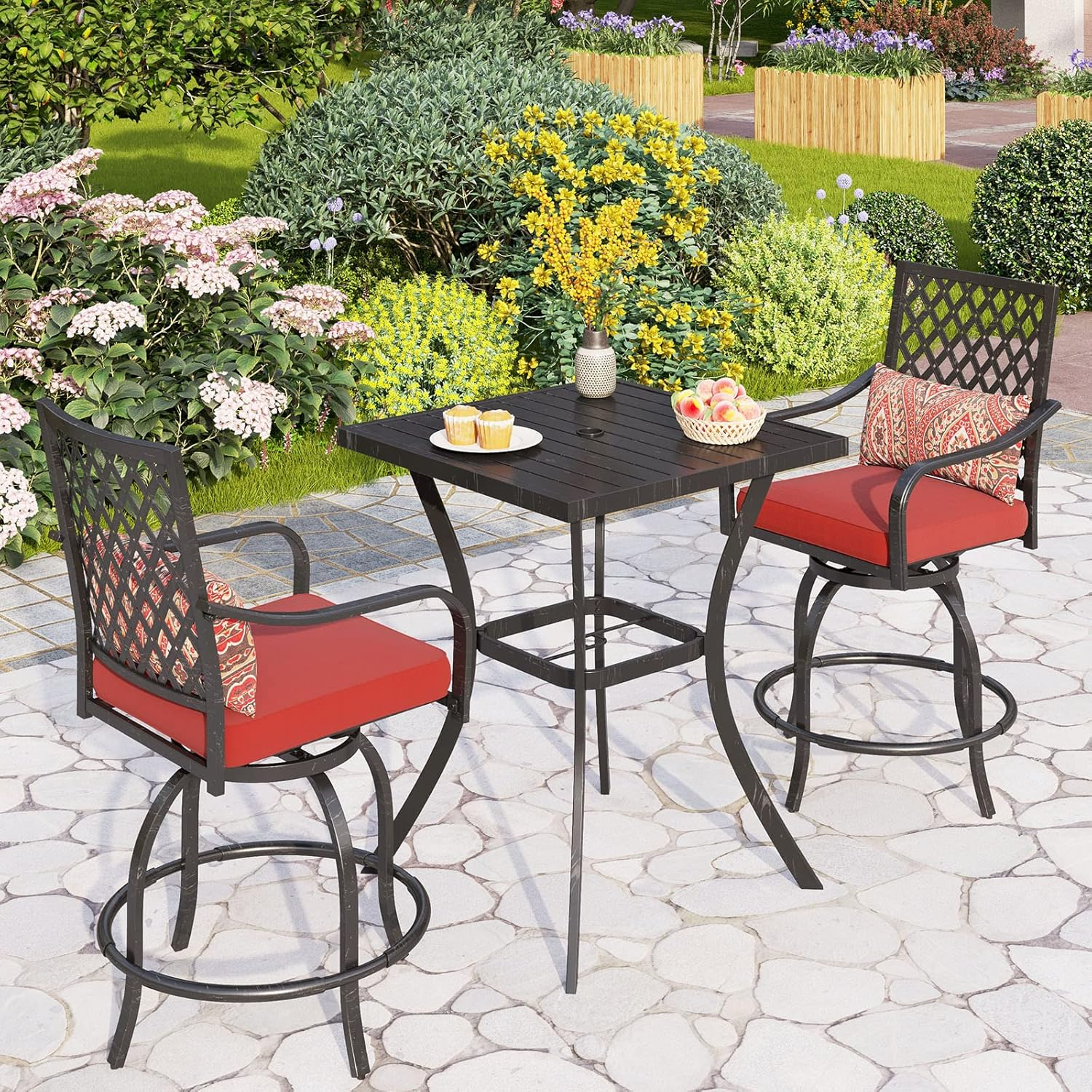 Sophia & William 3 Piece Outdoor Patio Swivel Bar Stools Set & Height Table Backyard Furniture Bistro Set, Red