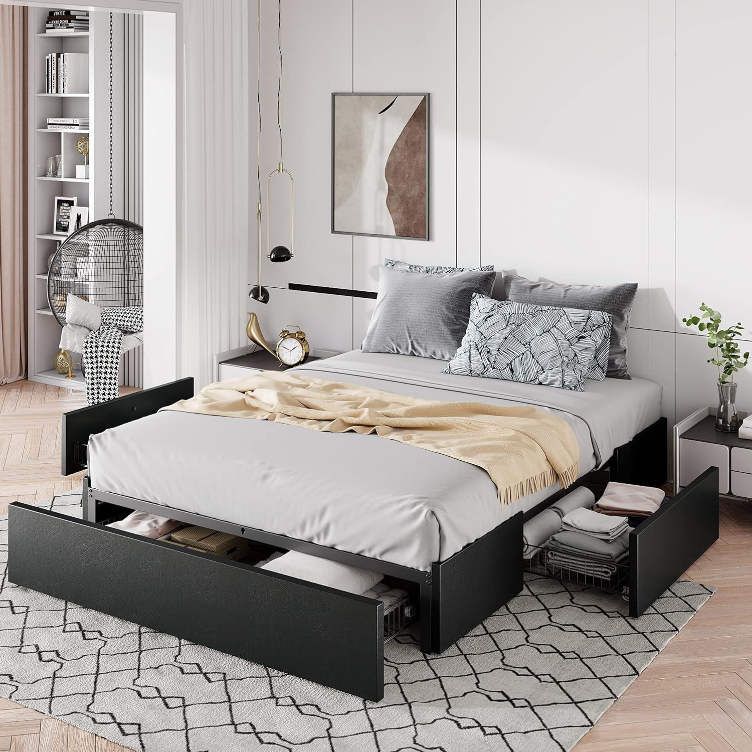 Modern Black Faux Leather Queen Bed Frame with Storage Drawers