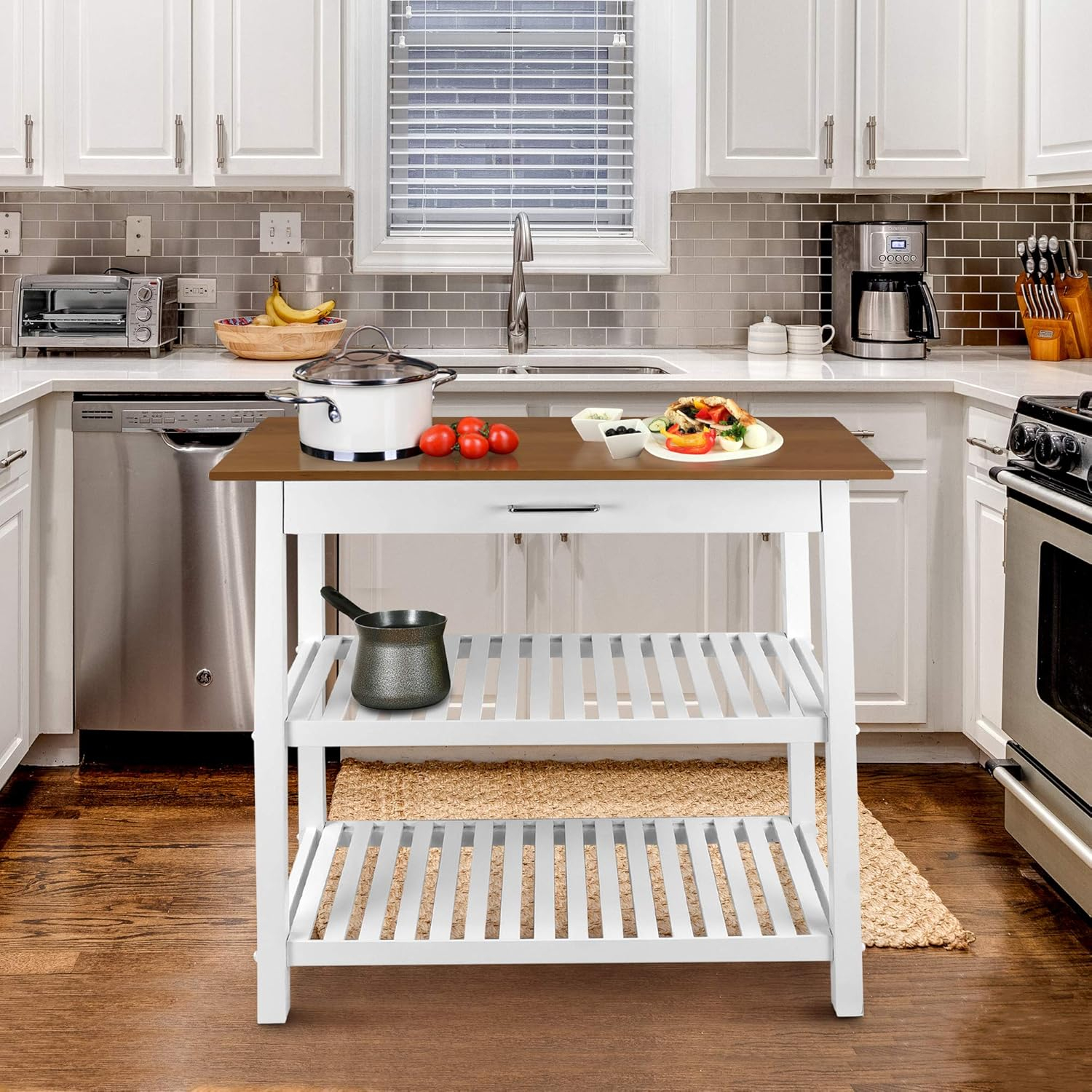 White and Natural Cherry Wood Kitchen Island with Shelves