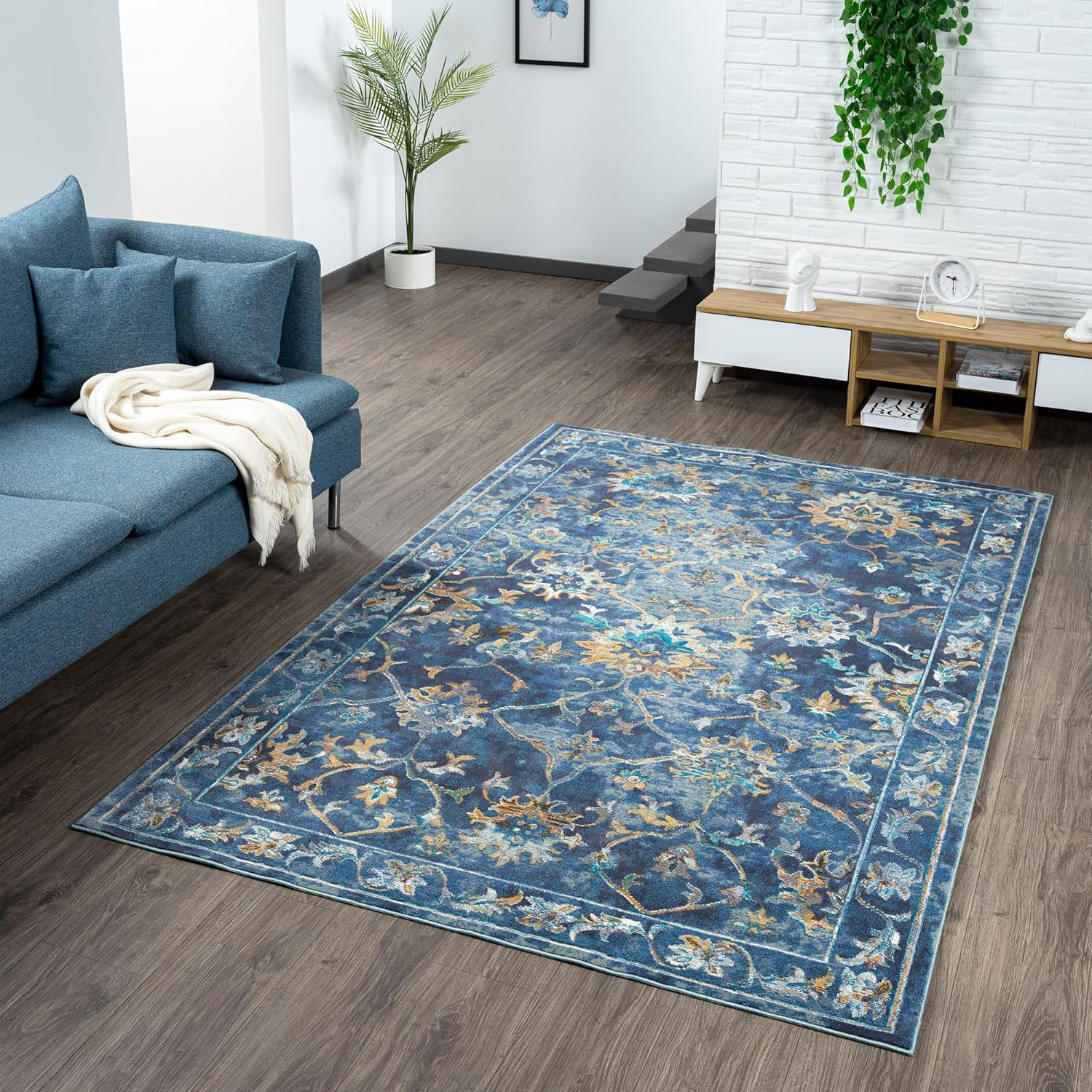 LR Home Ada 5' x 8' Indigo Bordered Floral Adult Durable Indoor Area Rug