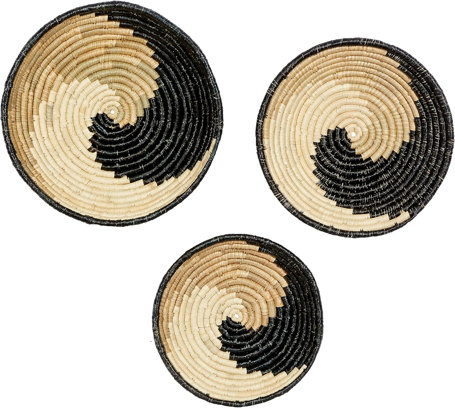 Deco 79 Seagrass Plate Handmade Home Wall Decor Spiral Basket Wall Sculpture, Set of 3 Wall Art 20", 18", 16"H, Black