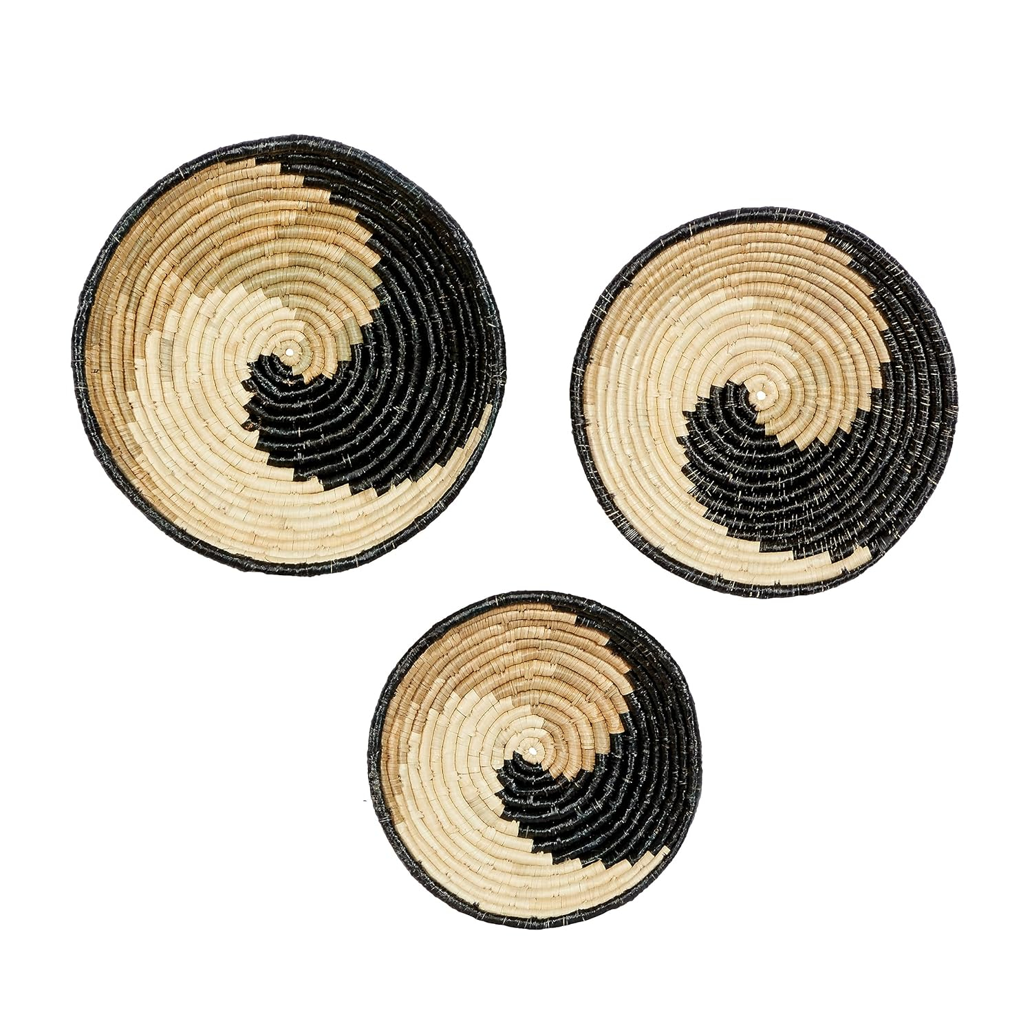 Deco 79 Seagrass Plate Handmade Home Wall Decor Spiral Basket Wall Sculpture, Set of 3 Wall Art 20", 18", 16"H, Black
