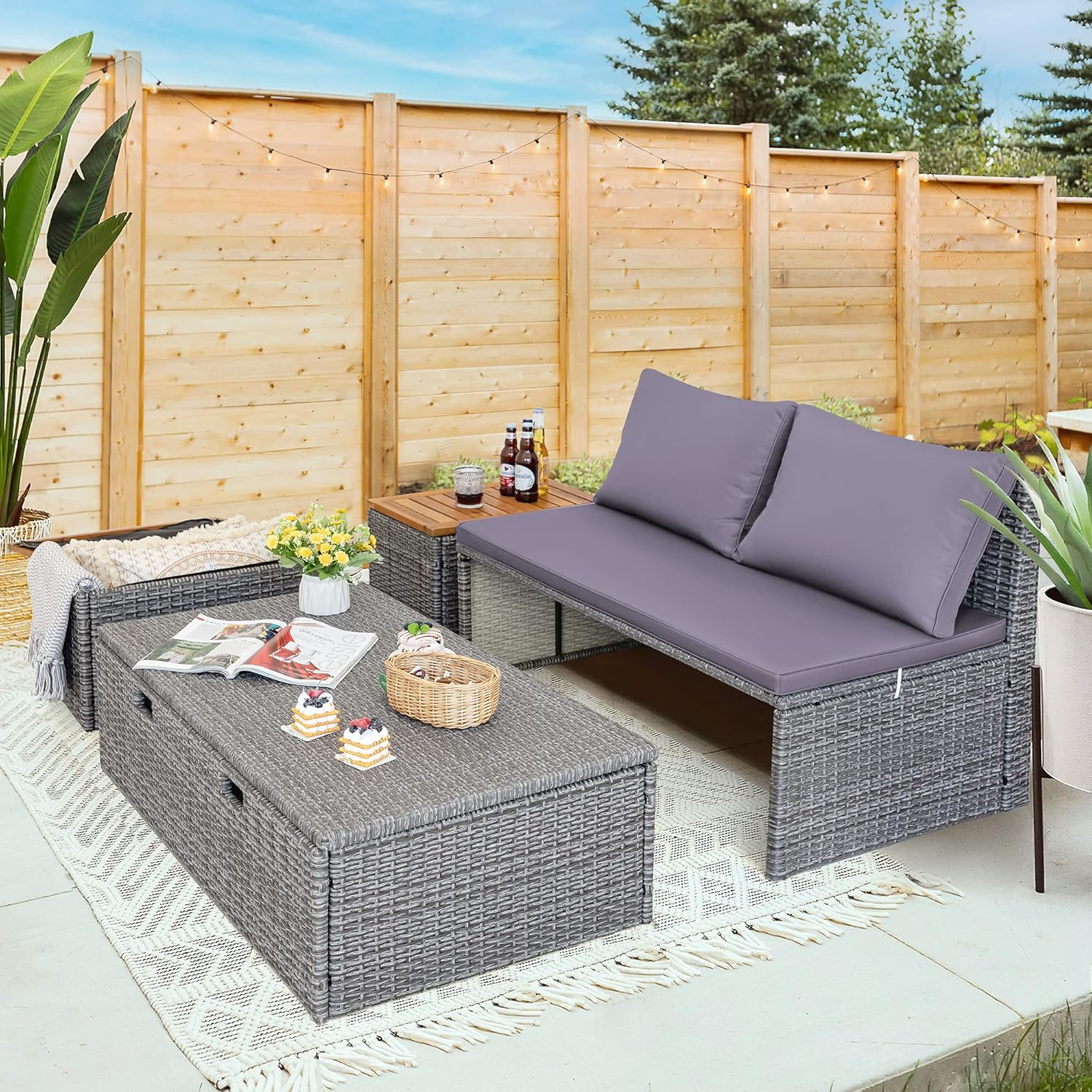 Devoko Patio Day Bed with 2 Side Tables Outdoor Daybed Set MultifunctionalRattan Lounge Bed for Backyard Porch Poolside Lawn Beach (Gray)
