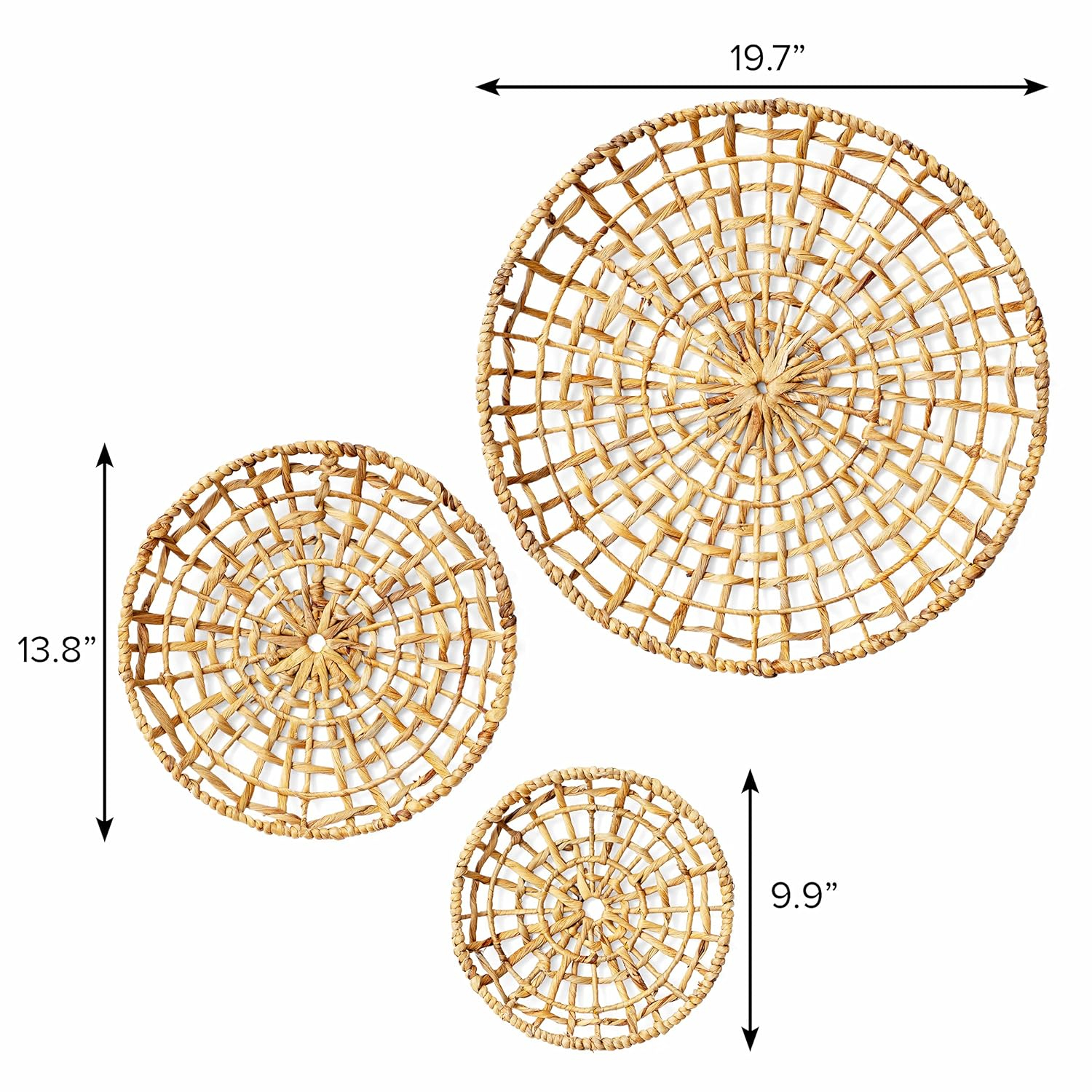 Artera Wicker Wall Basket Décor - Set of 3 Oversized D20" to D10", Natural Hanging Woven Baskets, Round Organic Wall Basket Decor Disks for Living Room or Bedroom, Unique Wall Plaque