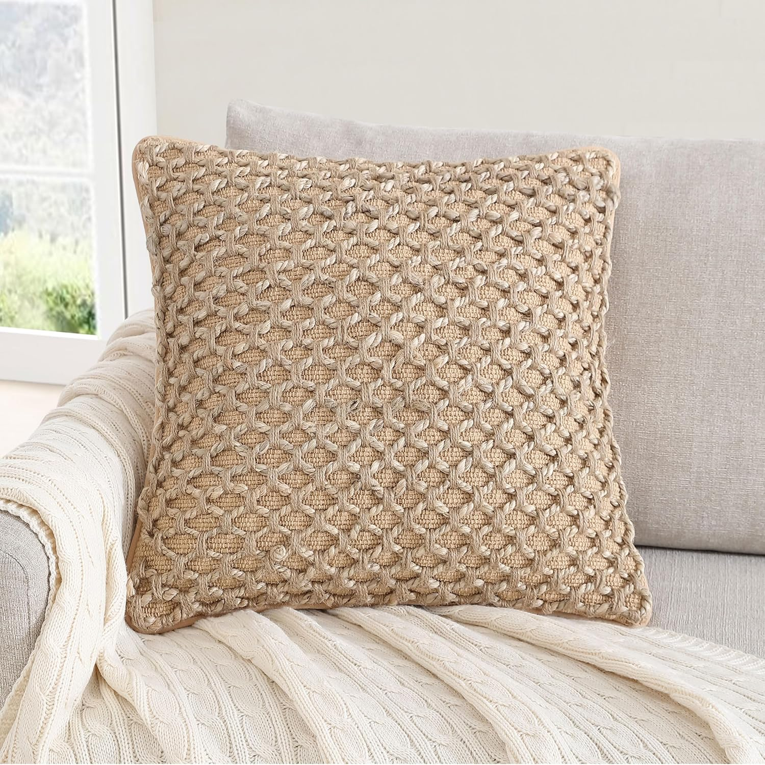 Boho Living Jada Premium Woven Design, Living Room Décor, Decorative Throw, (1) 18" x 18" Pillow Cover with Insert, Beige