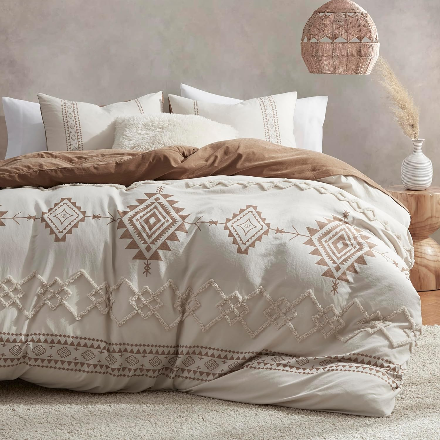 Oli Anderson Boho Duvet Cover Set Queen Size, Beige and Terracotta Color Clash 3 Pieces Microfiber Bedding Set, Durable and Super Soft Duvet Covers with Zipper and Ties, 90"*90"