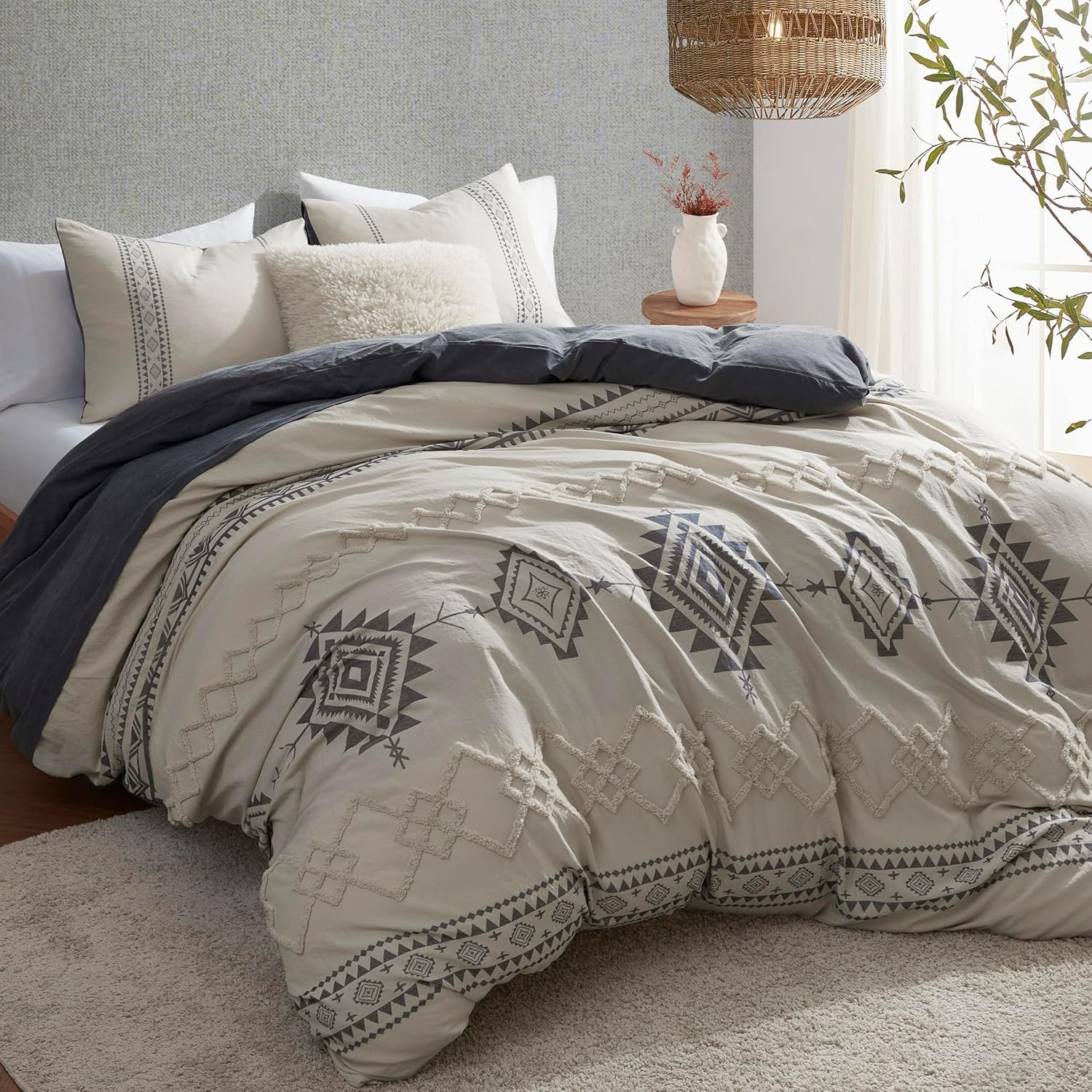 Oli Anderson Boho Duvet Cover Set Queen Size, Beige and Gray Color Clash 3 Pieces Microfiber Bedding Set, Durable and Super Soft Duvet Covers with Zipper and Ties, 90"*90"