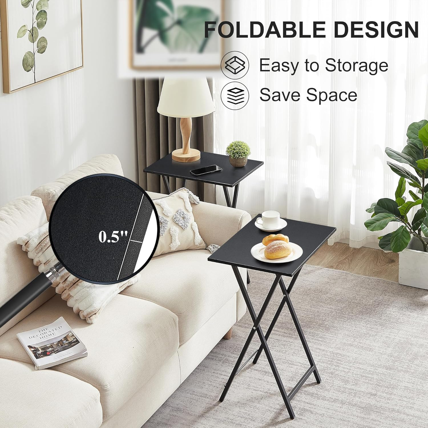VECELO Folding TV Tray for Eating Set of 2, Portable Dinner/Snack Table with Cup Holder for Couch, Living Room and Small Space, Matte Black