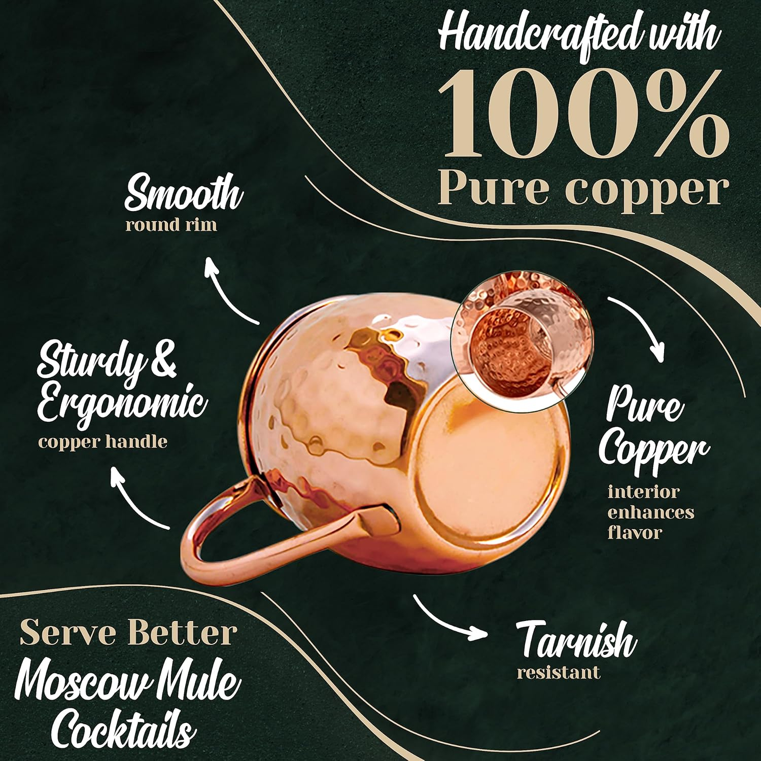 Moscow Mule Copper Mugs Set of 8 (16oz) | Food Grade 100% Pure Copper Cups | Handcrafted w/Lacquered Hammered Finish, Smooth Rounded Lip, Ergonomic Handle (No Rivet) w/Solid Grip