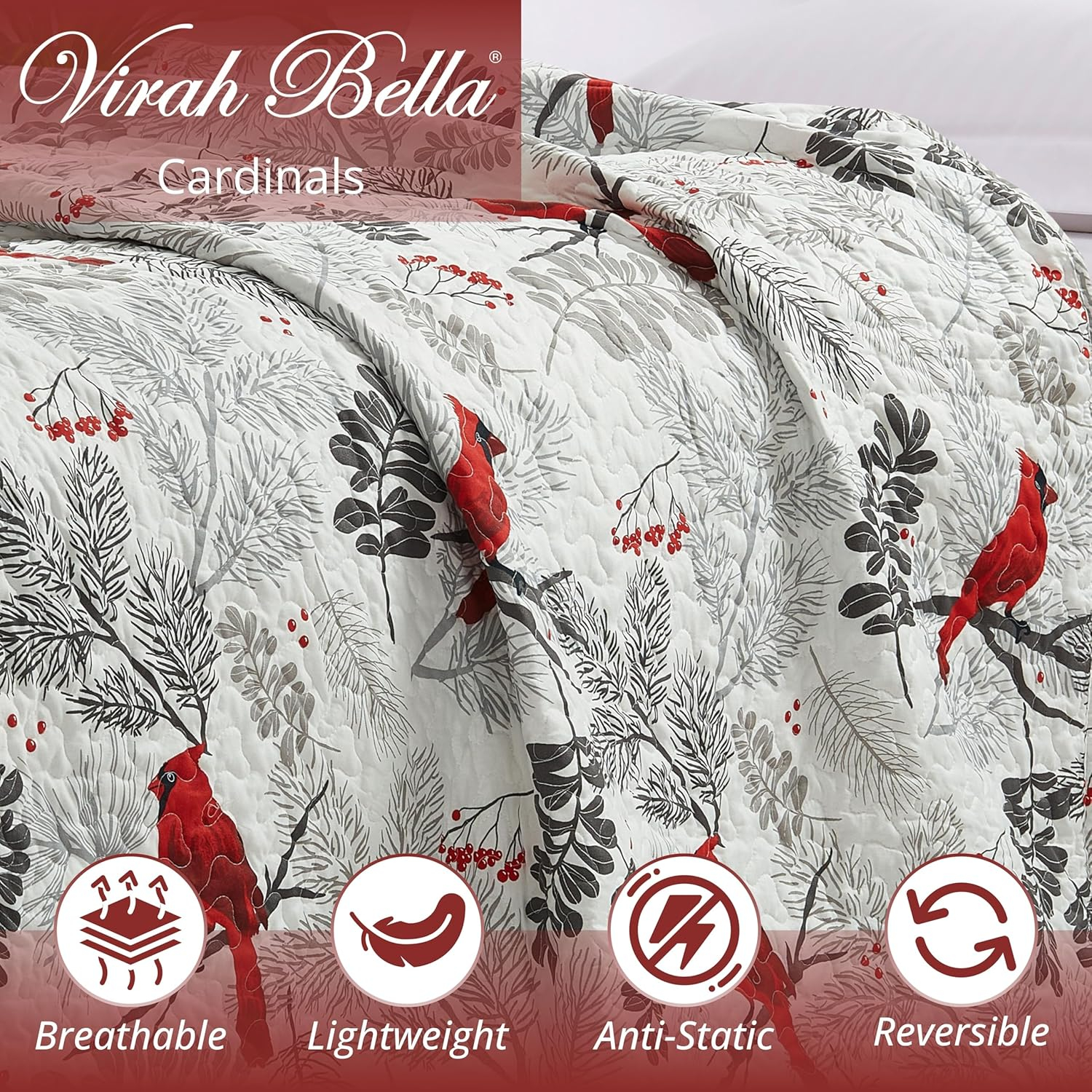 Virah Bella 3 Piece Full/Queen Lodge Quilt Bedding Set - Rustic Country Reversible Comforter Set with Decorative Pillow Shams - Cardinals