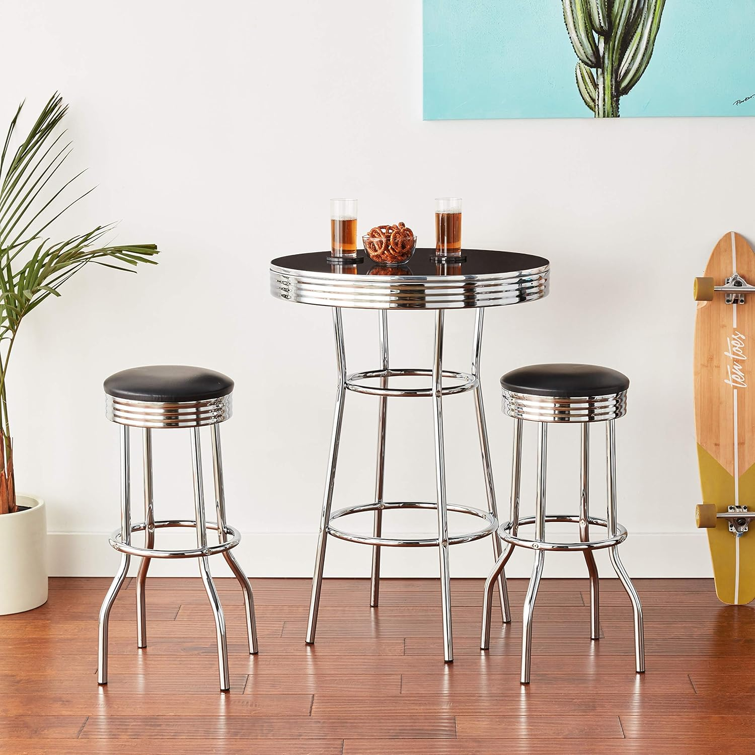 Retro Black Wood and Chrome 3-Piece Pub Set