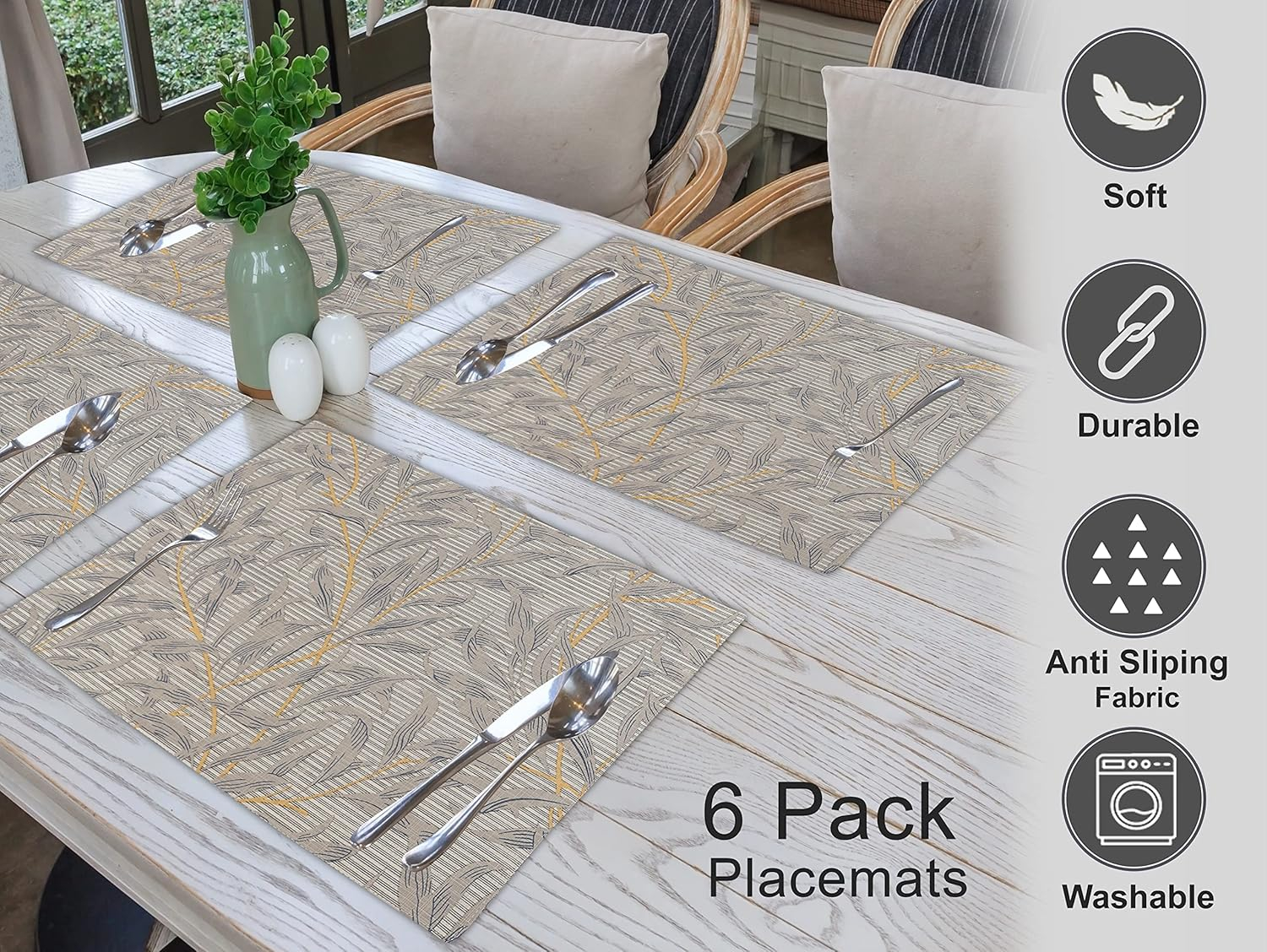 Ruvanti Placemats 100% Cotton 13x19 inch, Dining Table Placemats Set of 6, Modern Place Mats for Dining Table Décor, Kitchen & Table Linens, Coffee Mat for Christmas Dinners – Leafy