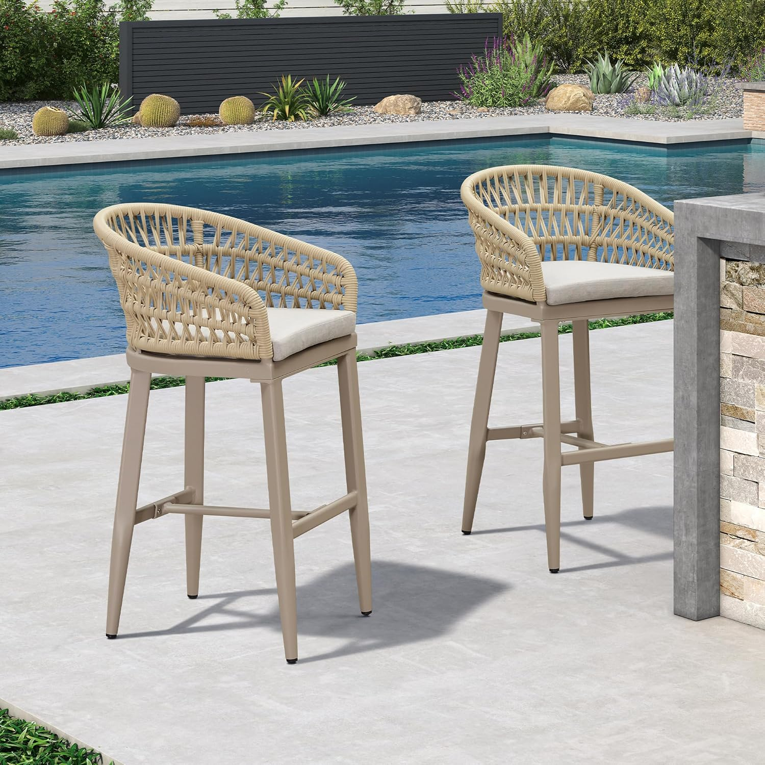 Champagne Aluminum and Rattan Bar Stools with Cushions, Set of 2