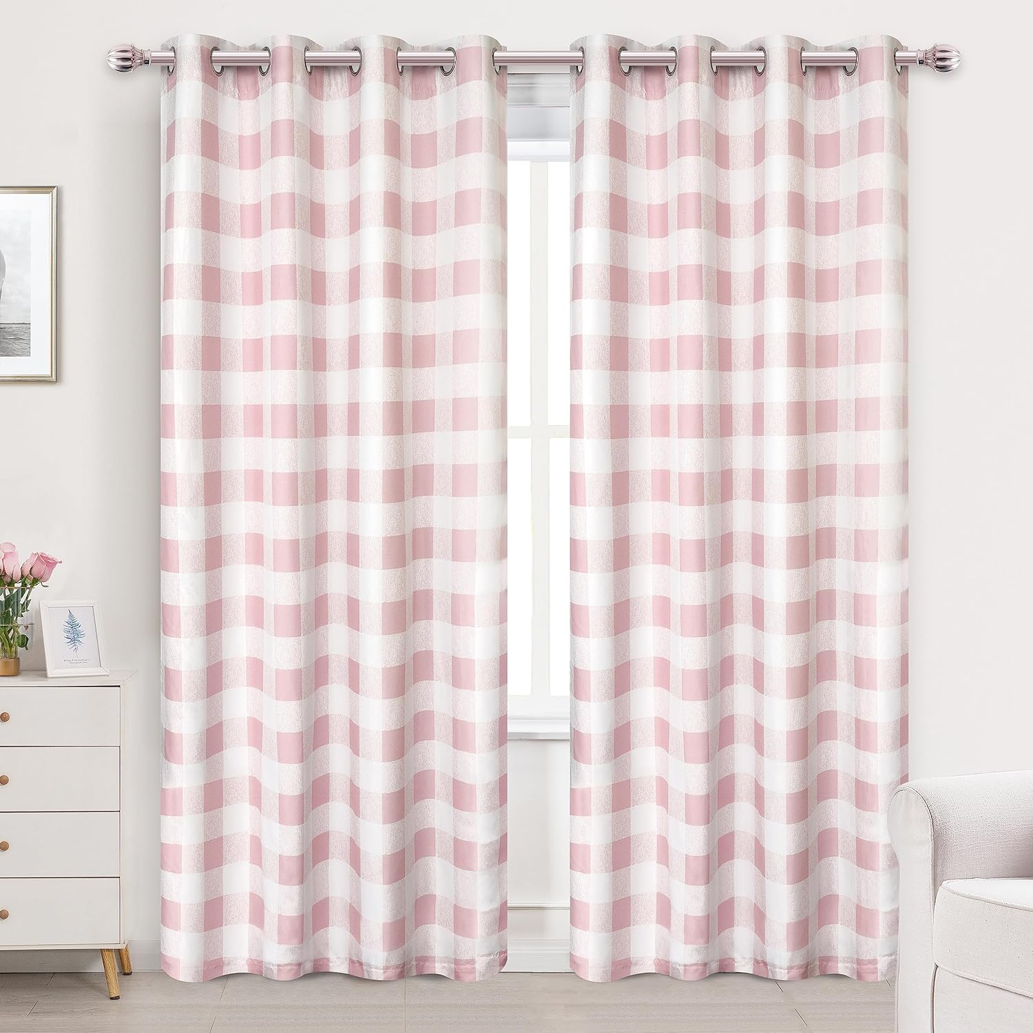 DriftAway Buffalo Checker Pattern Grommet Room Darkening Window Curtains Printed Plaid, 2 Panels, 52" x 84", Pink