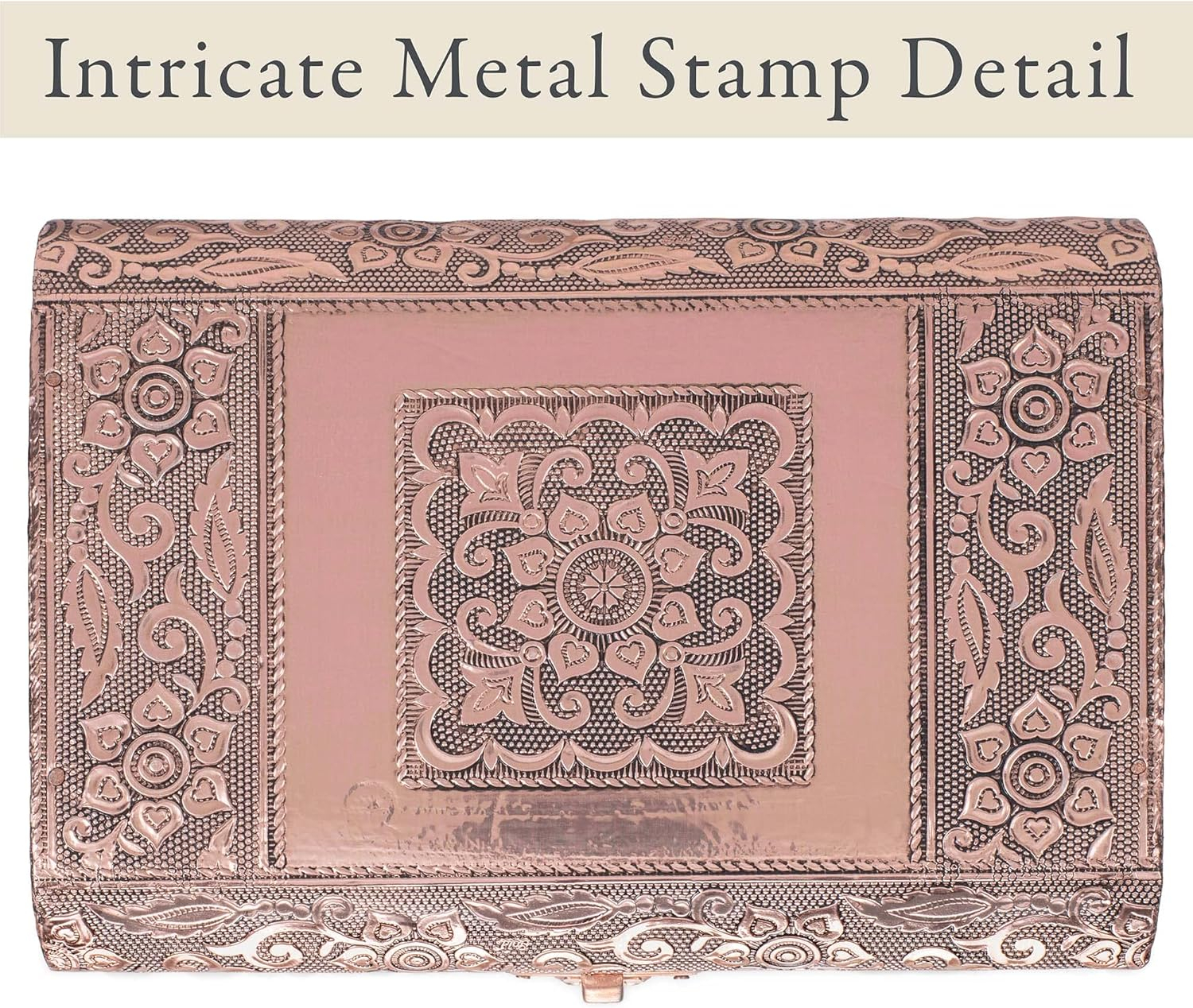 Cottage Garden Moroccan Copper Tone Metal Stamped Round Top Trunk Keepsake Box