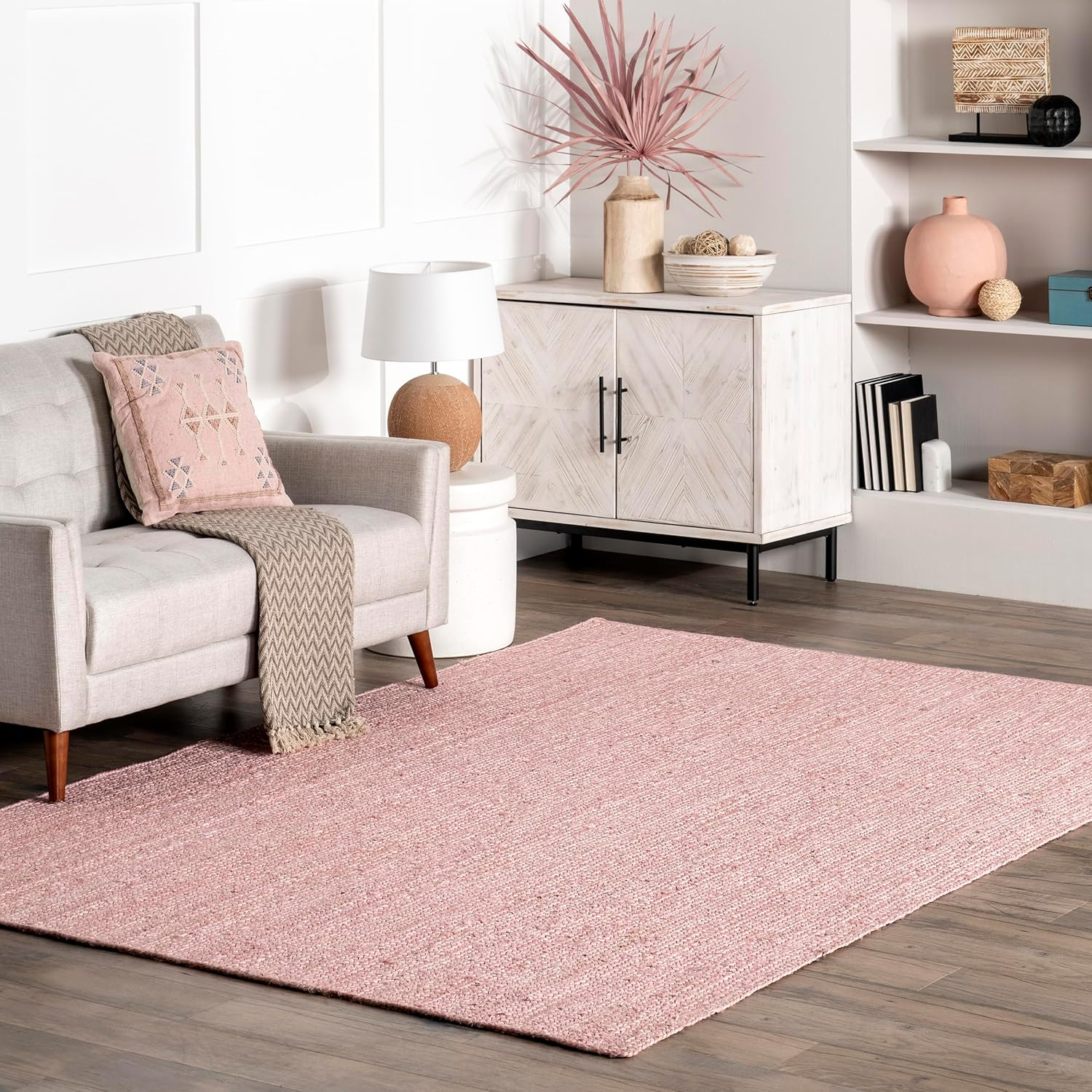 nuLOOM 6x9 Rigo Jute Hand Woven Area Rug, Pink, Solid Farmhouse Design, Natural Fiber, For Bedroom, Living Room, Dining Room, Hallway, Office, Kitchen, Entryway