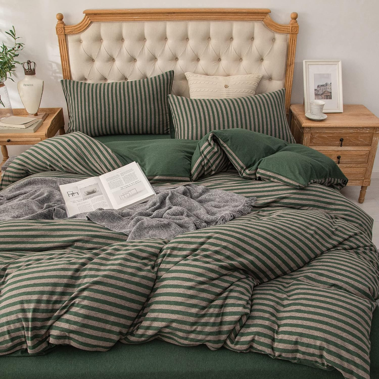 PURE ERA Forest Green Stripe Reversible 100% Jersey Cotton Duvet Cover bedding Set Soft Washable( Queen Size)