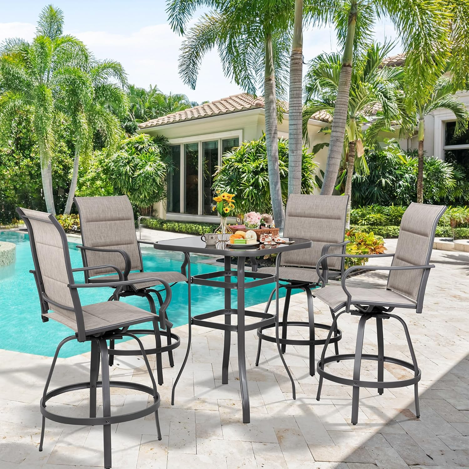 Vongrasig 5 Piece Patio Swivel Bar Set, All Weather Metal Textilene High Stools Chair Set of 4 and Glass Table, Outdoor Top Bistro for Lawn Garden, Balcony, Taupe Padded Gray VG-HGB4C1T