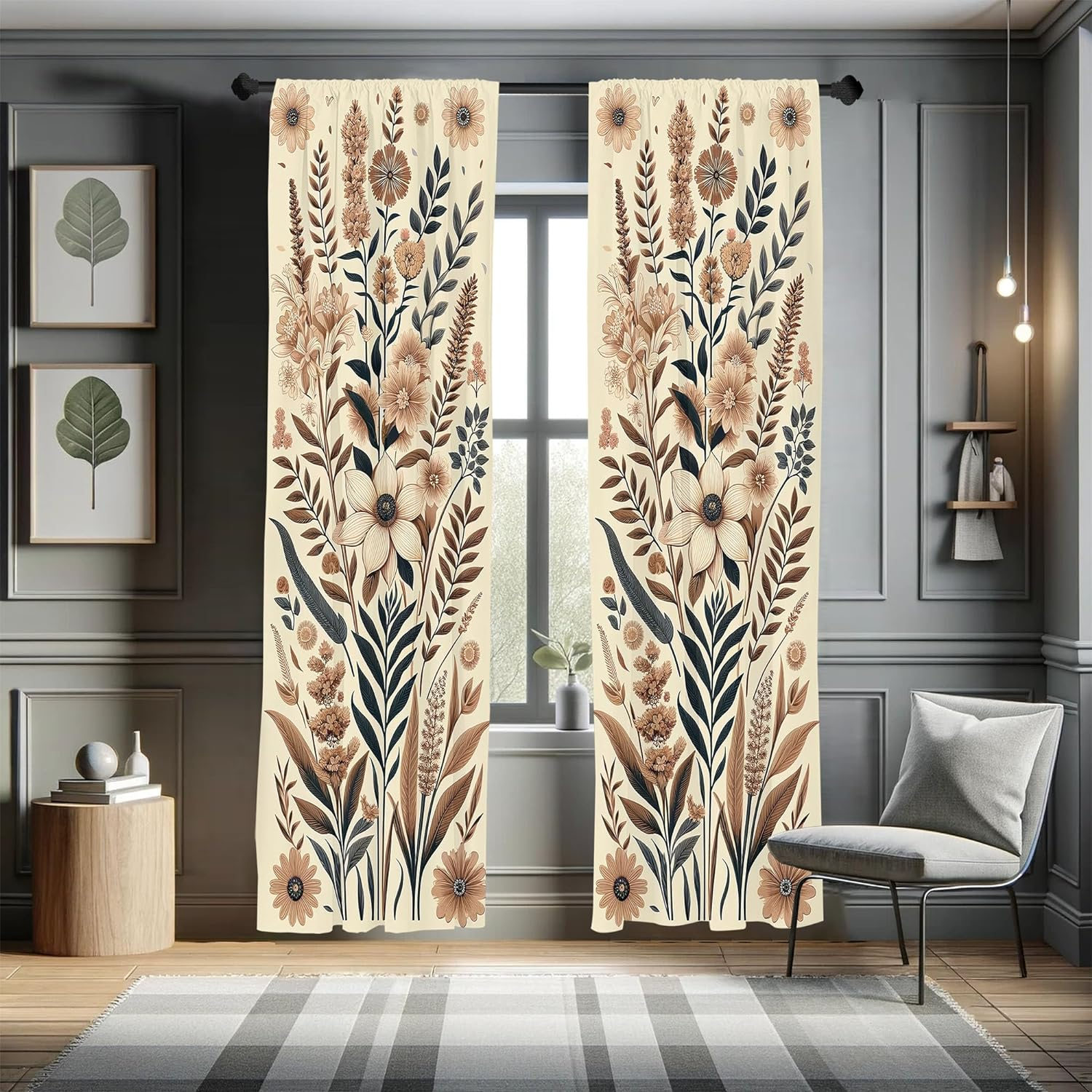 Ambesonne Vintage Floral Curtains 2 Panel Set, Garden of Nostalgia, Pair of - 28" x 95", Eggshell Umber Slate Blue