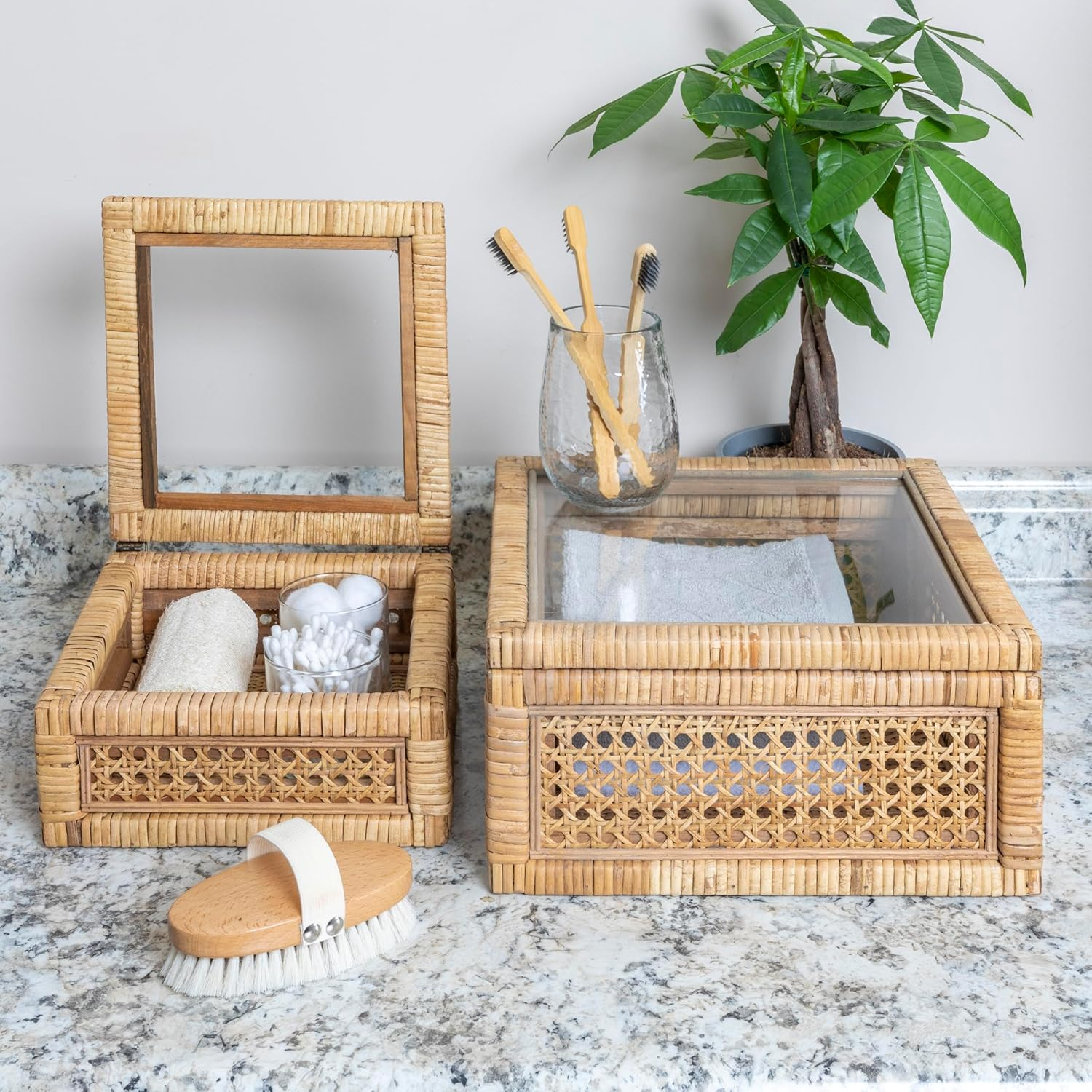 Creative Co-Op Cane and Rattan Natural Wood Decorative Boxes, Set of 2