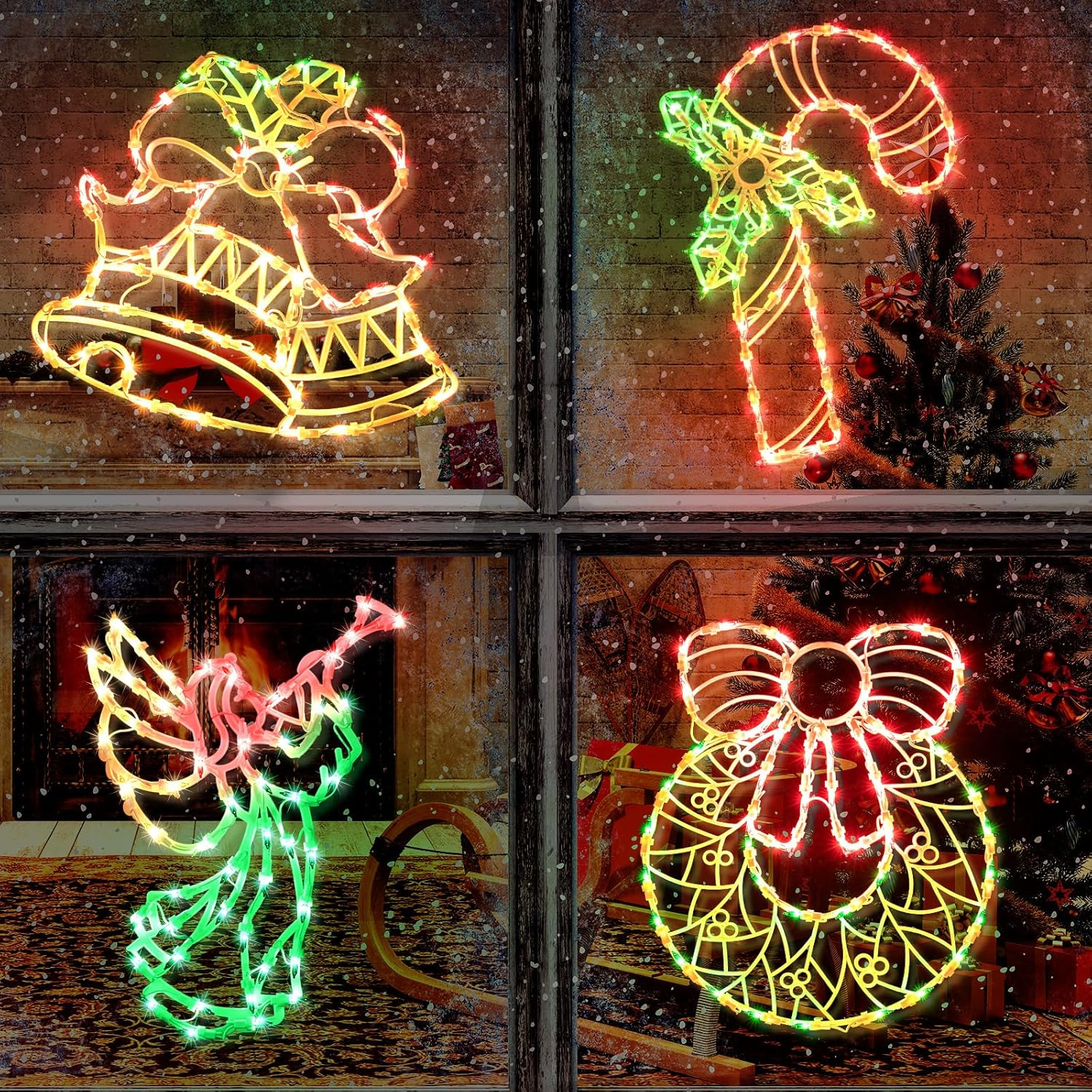 Christmas Window Silhouette Lights Decorations - Pack of 4 Sign Colour Lighted Wreath, Candy Cane, Bell, and Angel for Holiday Indoor Wall Door Glass Decor