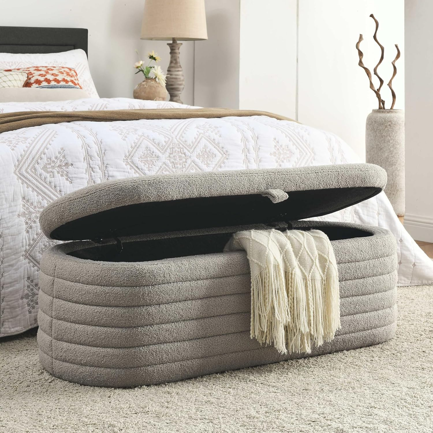 Gray Upholstered Fabric Storage Ottoman Bench with Safety Hinge