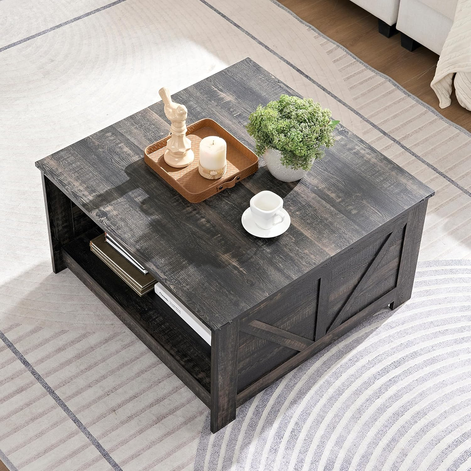 Dark Rustic Oak Square Coffee Table with Storage