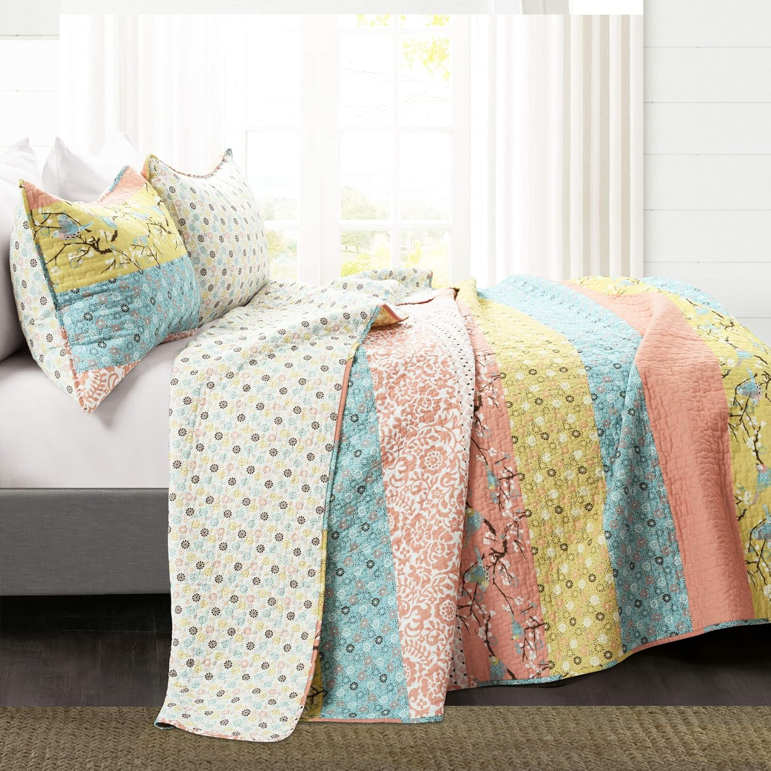 Lush Decor Royal Empire Stripe Cotton Reversible Quilt, King, Blue/Coral, 3-Pc Set