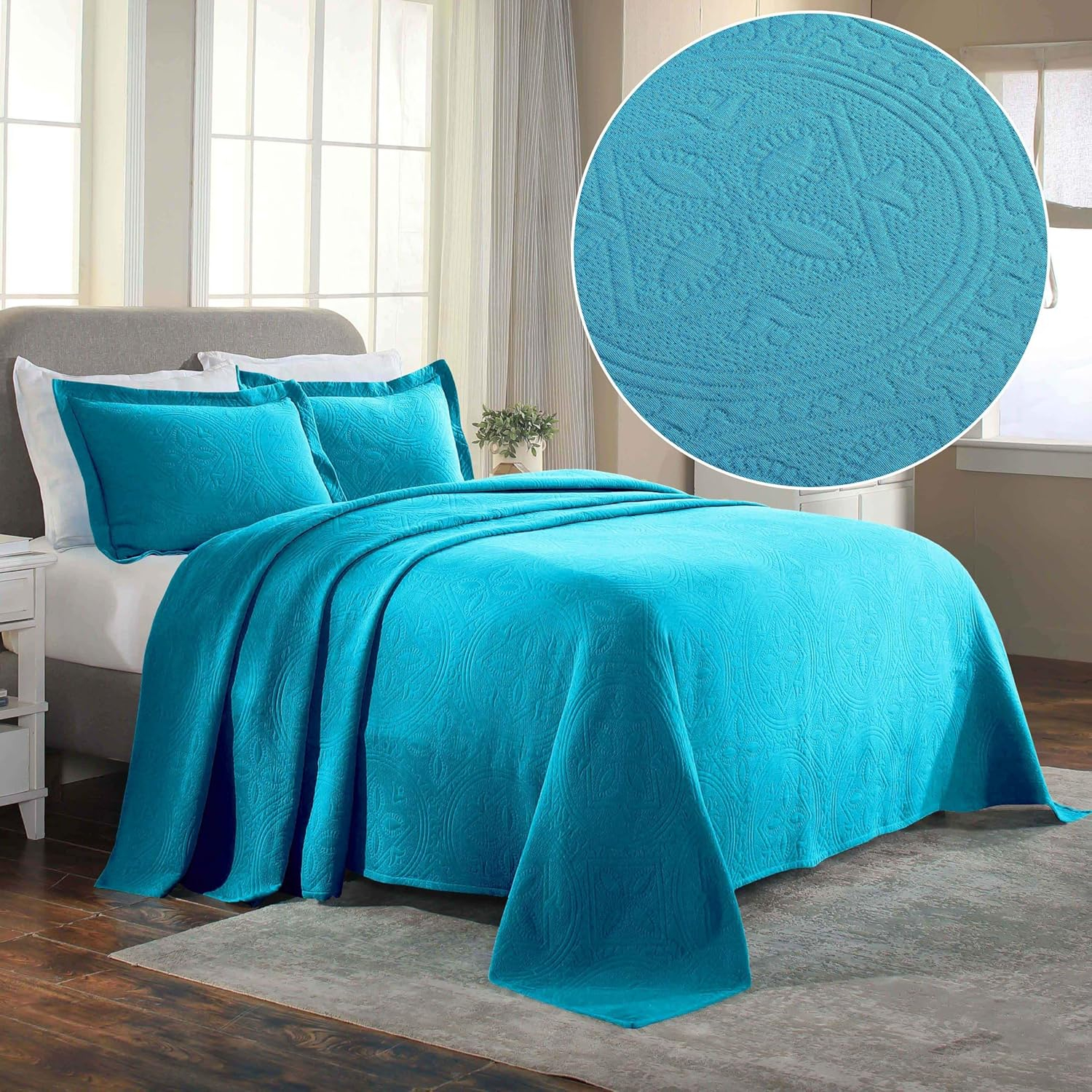 Superior Celtic Circle Cotton Decorative Bedspread and Sham Set, Queen, Peacock Blue