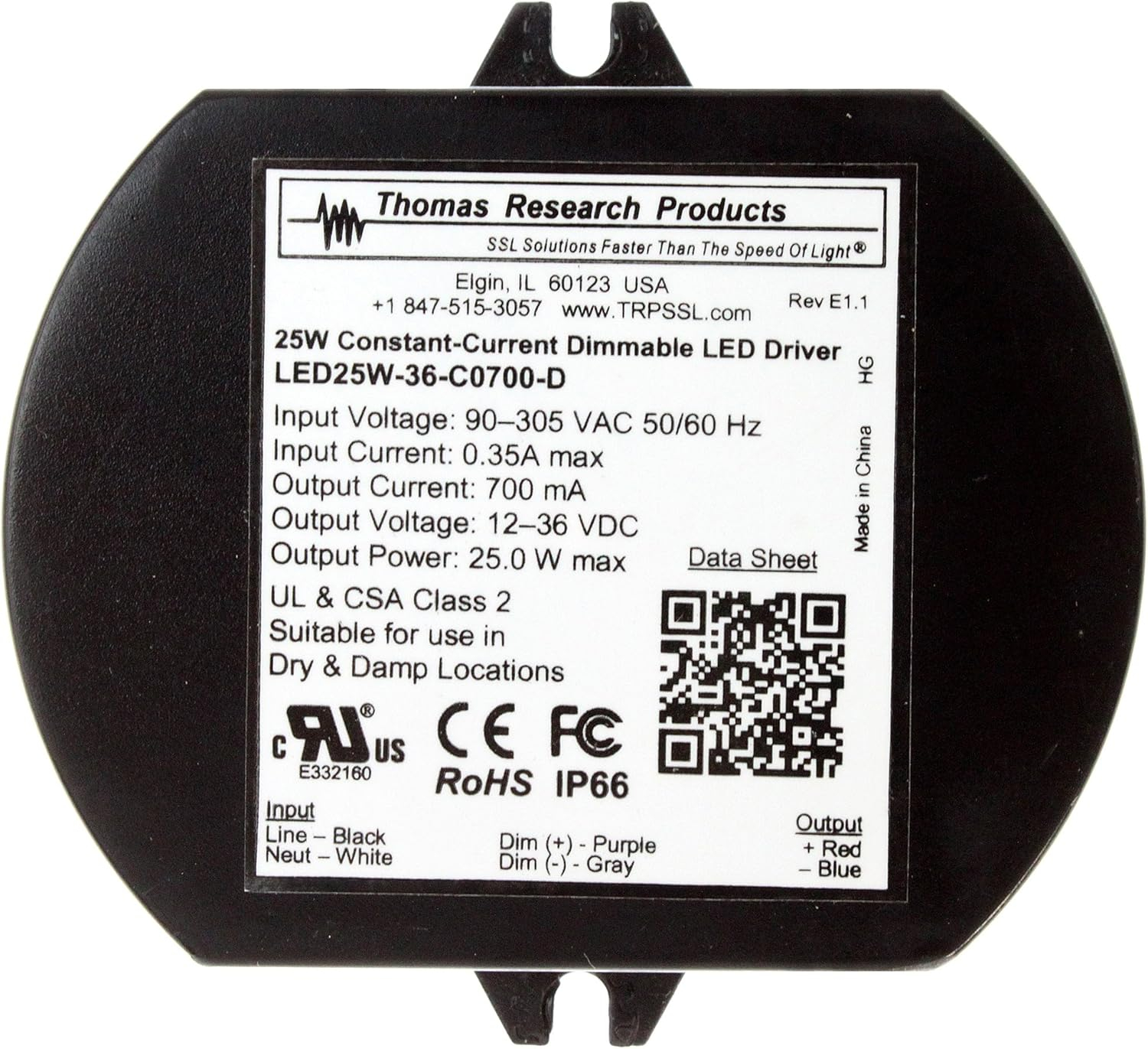 Thomas LED25W-36-C0700-D Constant Current Dimmable LED Driver, 700mA, 12-36VDC