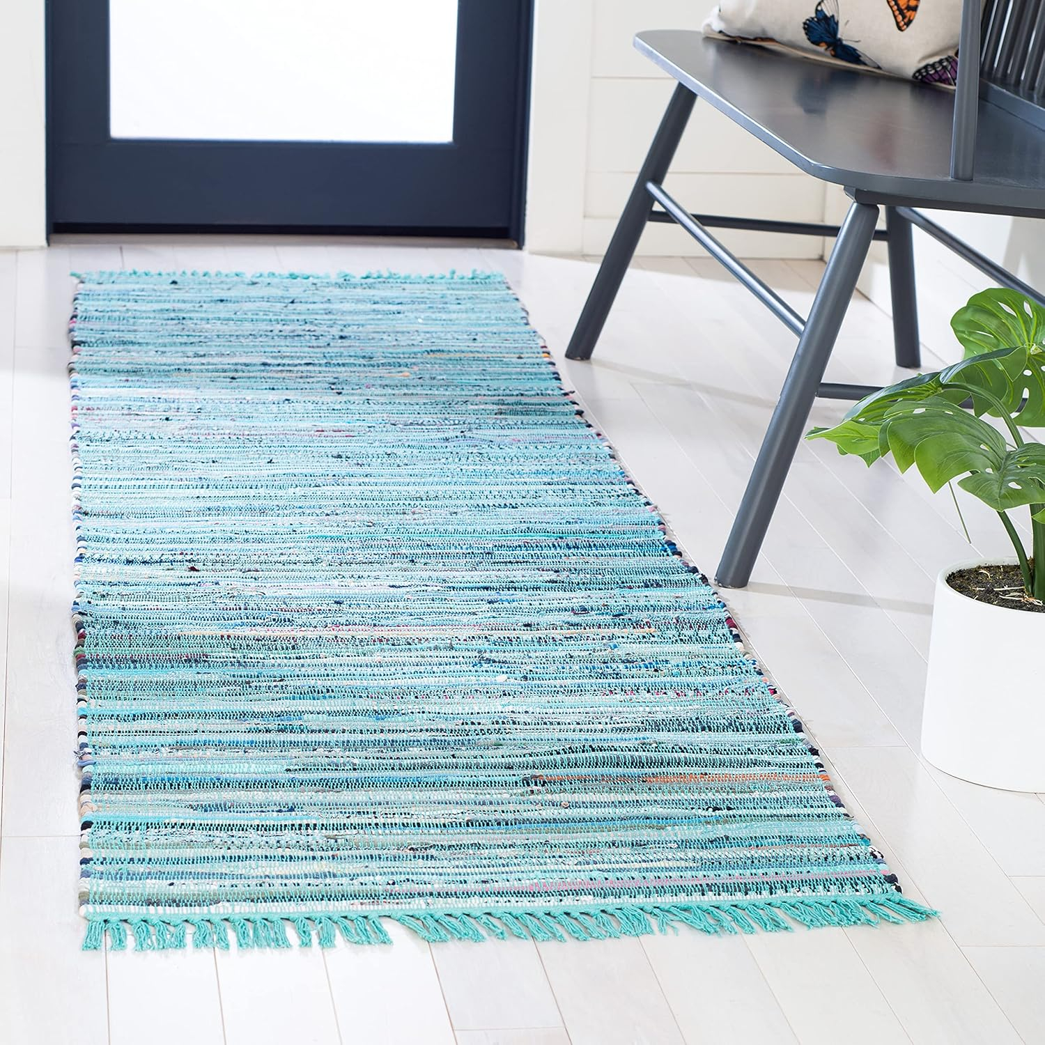 SAFAVIEH Rag Candis Striped Cotton Runner Rug, Turquoise/Multi, 2'3" x 12'