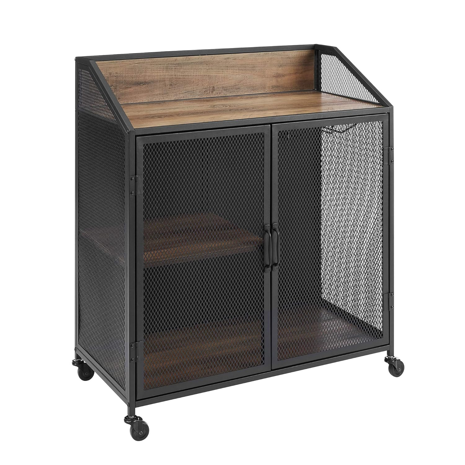Walker Edison Industrial Bar Cabinet with Wheels, Reclaimed Barn wood