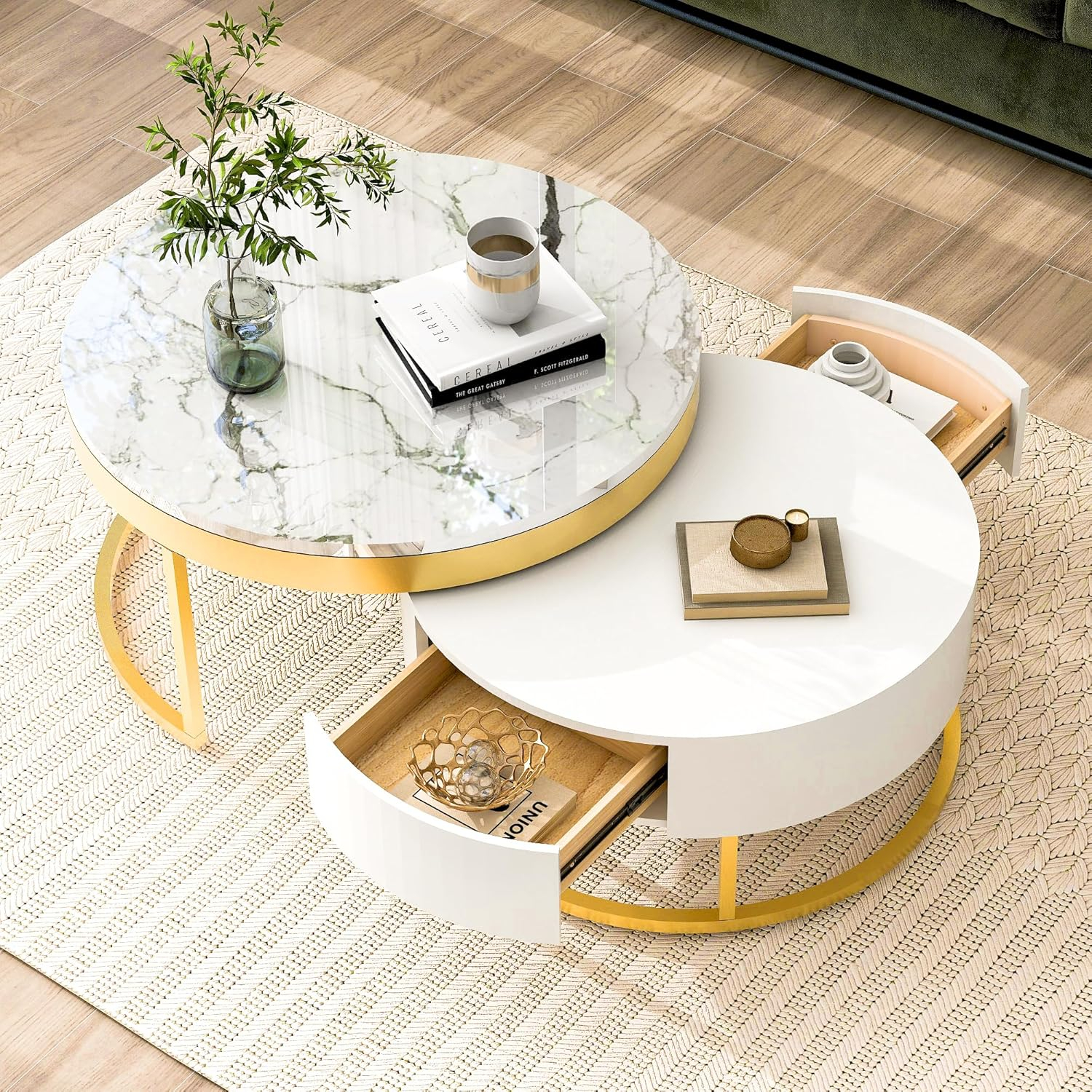 Modern Round Nesting Coffee Table with Drawers in White