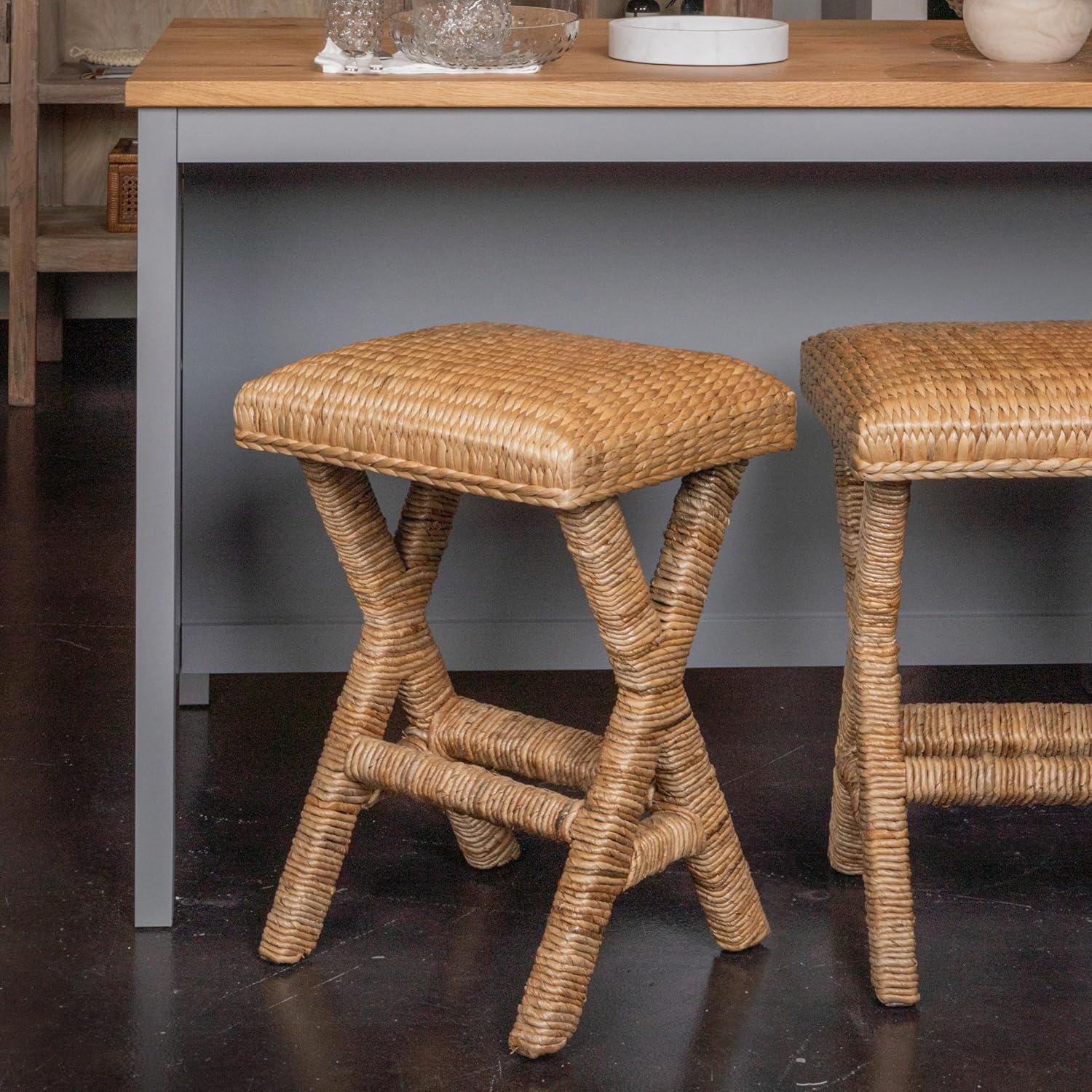 Natural Woven Water Hyacinth Backless Bar Stool