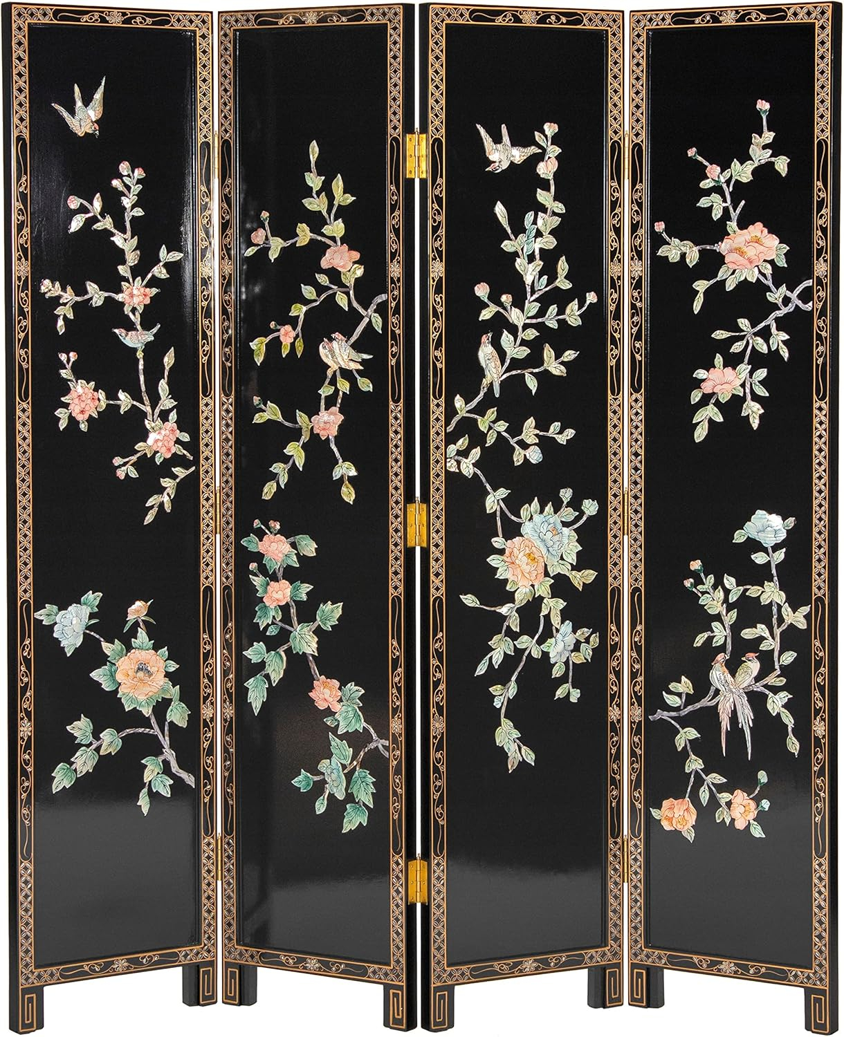 Oriental Furniture 6 ft. Tall Lacquer Birds and Flowers Room Divider - 4 Panel