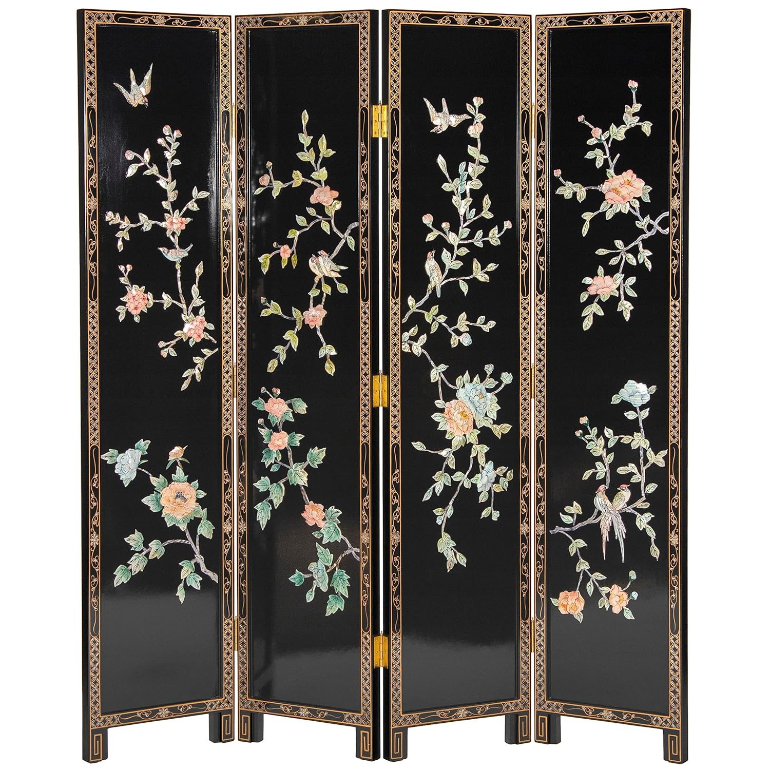 Oriental Furniture 6 ft. Tall Lacquer Birds and Flowers Room Divider - 4 Panel