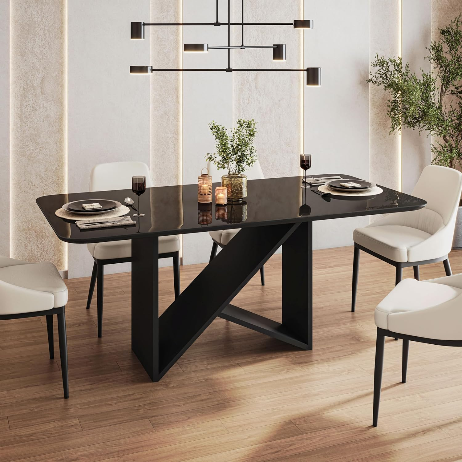Elegant Painted Glass Dining Table for 6, Italian-Style 6-Seater Dining Table with Tempered Glass Top and Elegant Wood Base, Modern and Sophisticated Design for Dining Rooms, Black