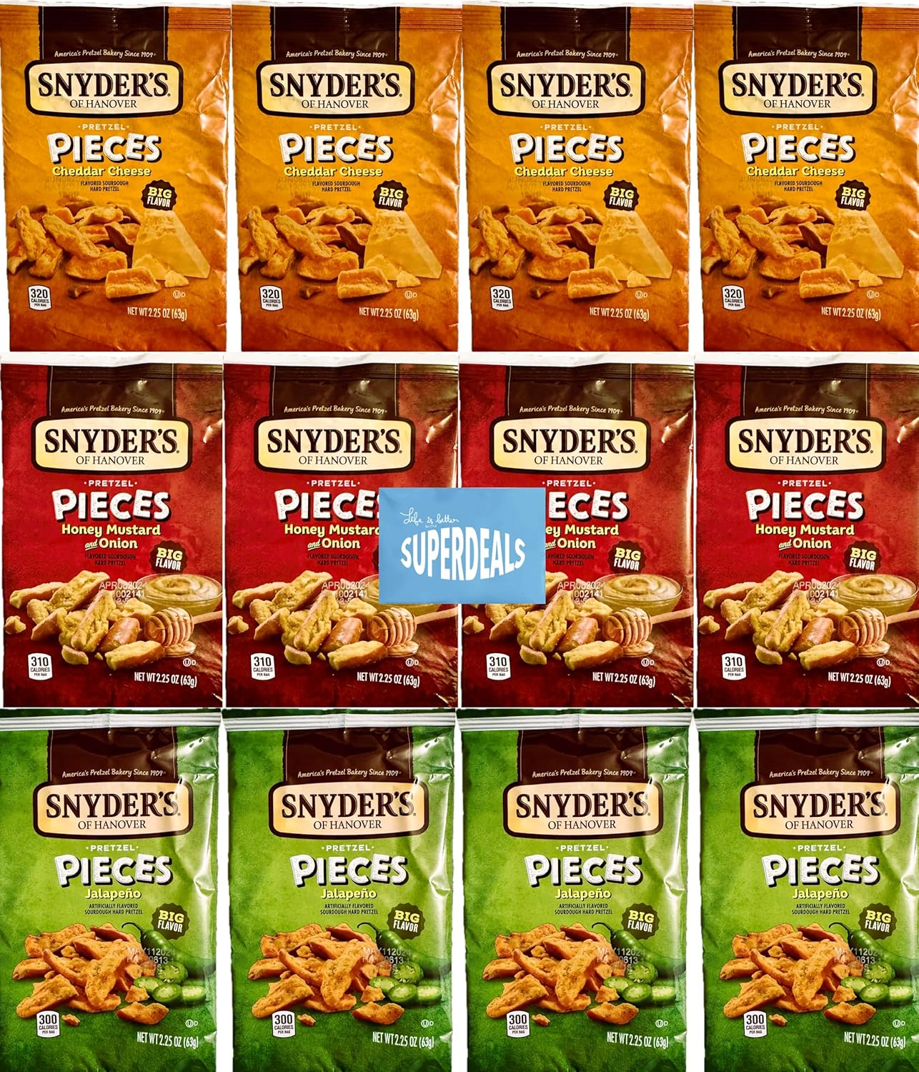 Snyder's of Hanover Pretzel Pieces, Variety 12 Pack bundled by SUPERDEALS 4 Cheddar Cheese, 4 Honey Mustard and Onion, 4 Jalapeno Pretzels, 2.25 oz each bag, total 27 Ounces with mystery gift