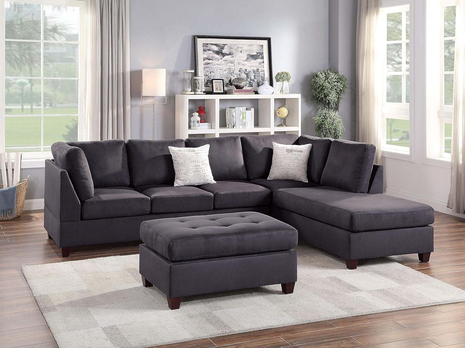Poundex 3 Piece Fabric Sectional Sofa Set with Ottoman in Ebony Gray