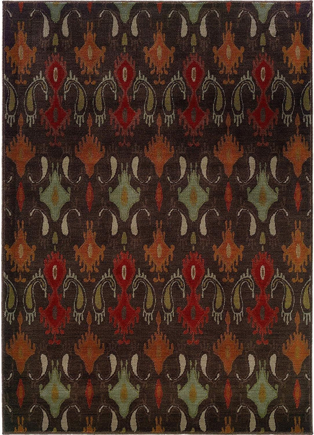 Ivory and Brown Ikat Print Synthetic Area Rug