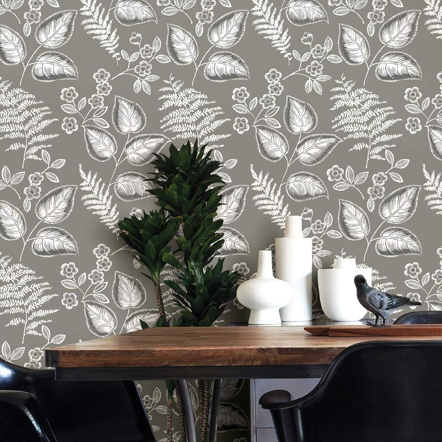 Grey Vinyl Foliage Peel and Stick Wallpaper, 30.75-Sq. Feet