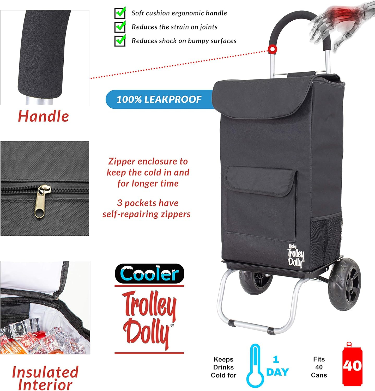 dbest products Cooler Trolley Dolly, Black Insulated cooler bag folding collapsible rolling shopping grocery tailgating bbq beer ice cart