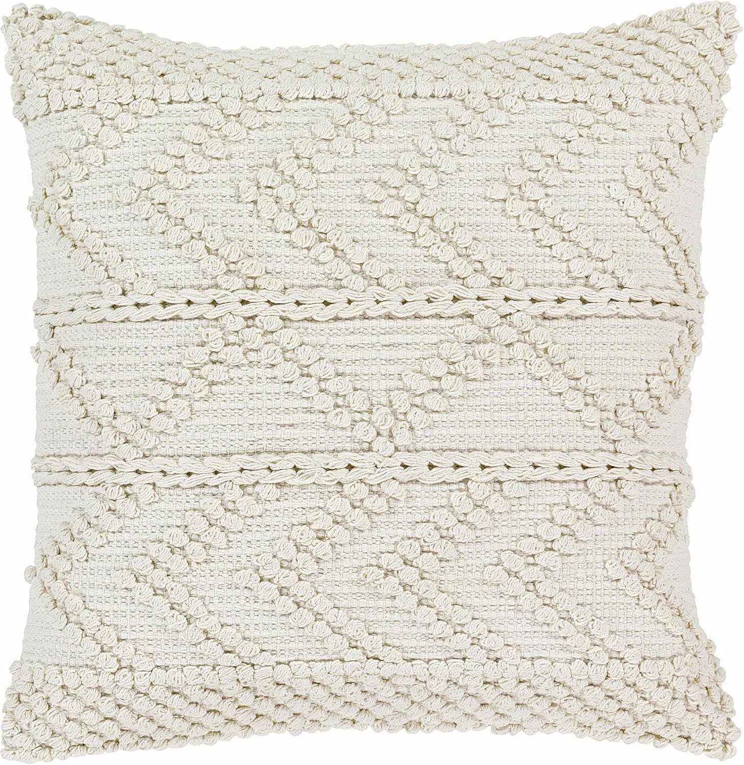 Hauteloom Sumiton Cotton Decorative Throw Pillow Cover - Moroccan Aztec High Low Textured Cushion Cover - Cream - 22" x 22" Pillow Cover