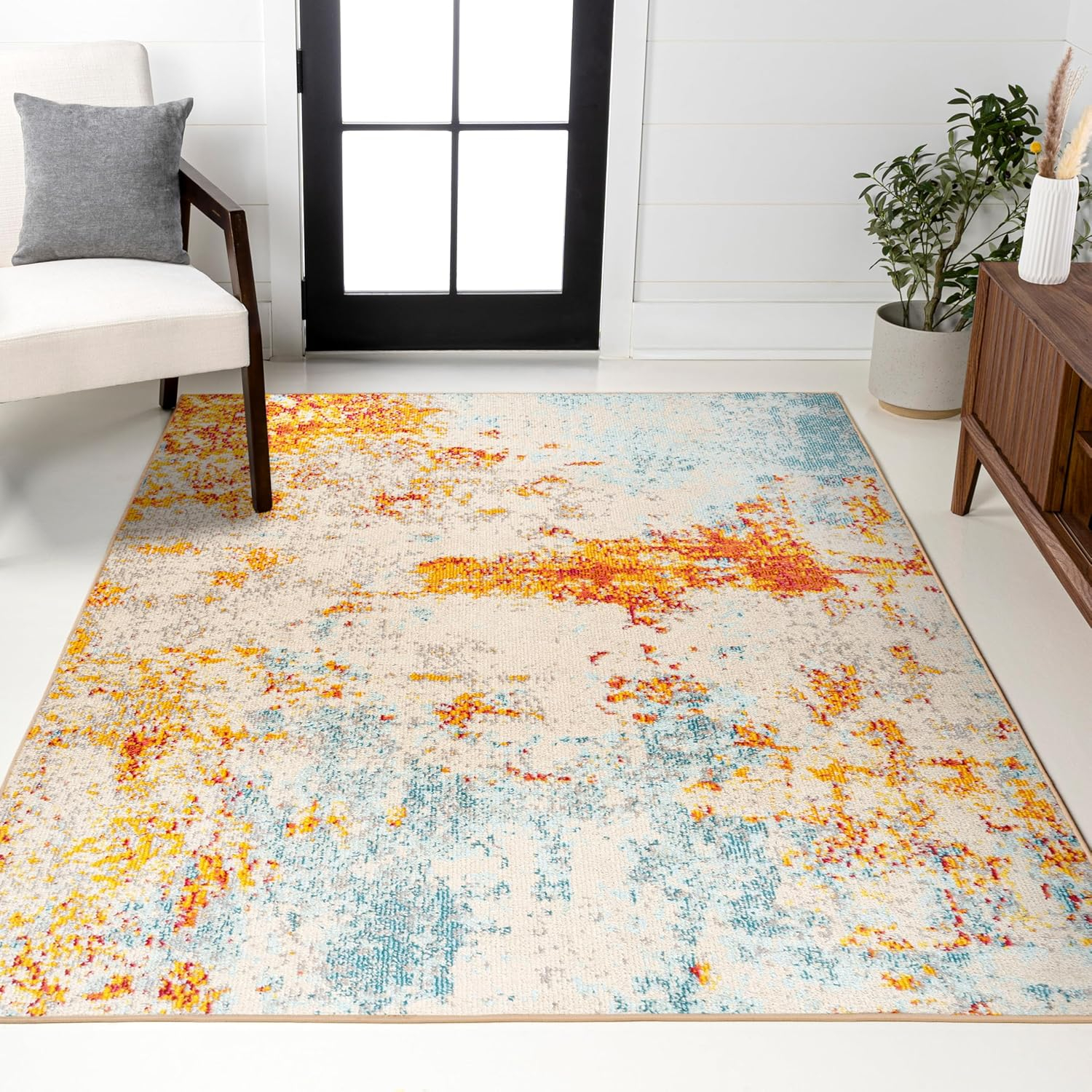 Sunset Orange and Multi Abstract Synthetic 3' x 5' Area Rug