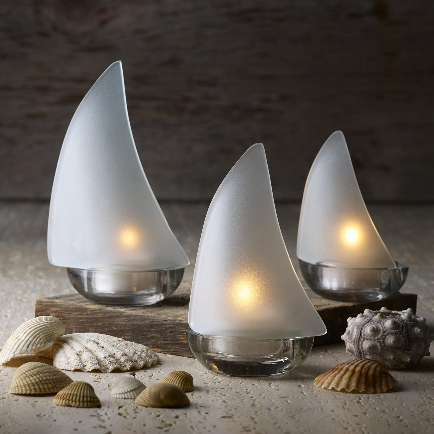 White Frost Glass Sailboat Tealight Candleholder Set
